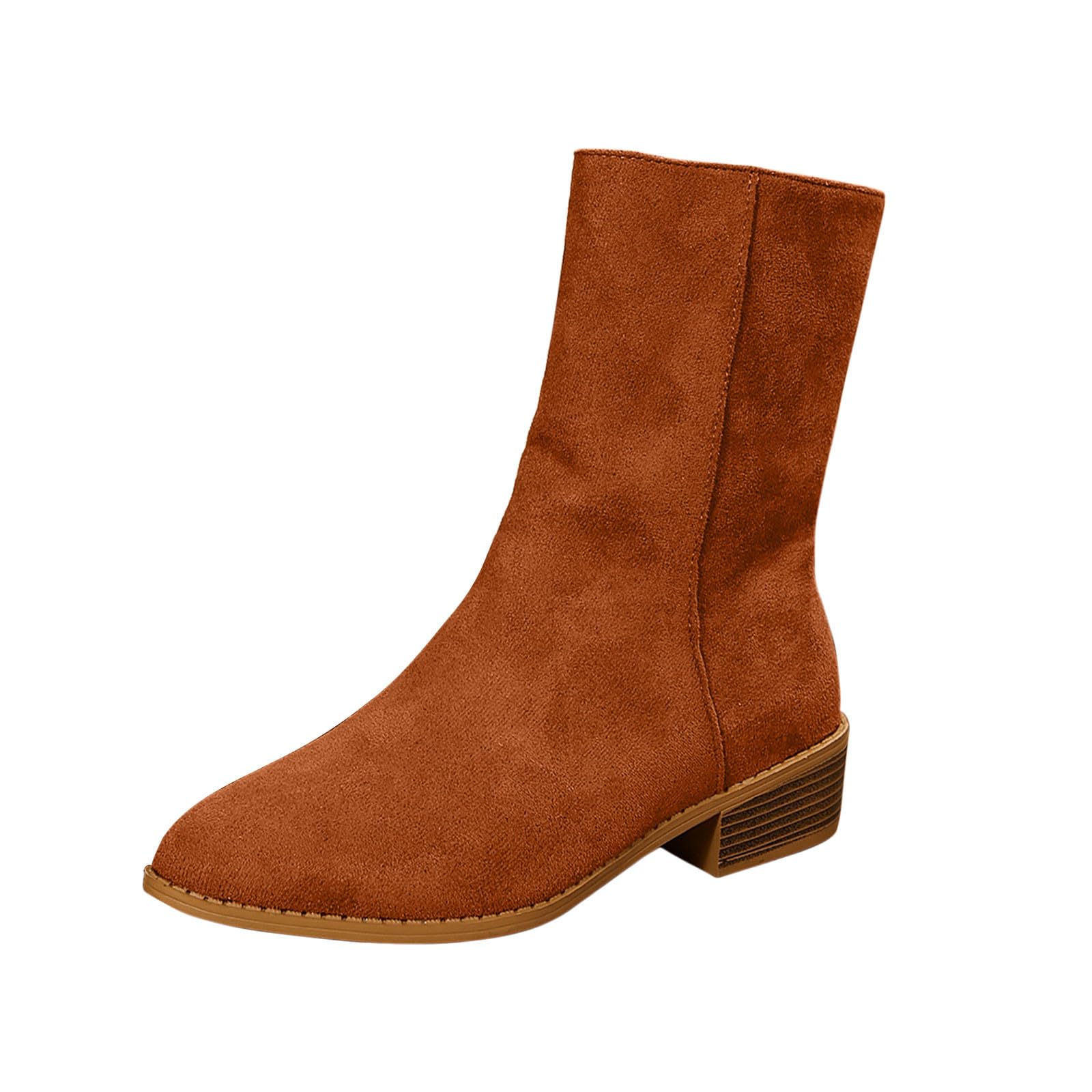 Womens Ankle Boots Suede Chunky Block Low Heel Vintage Comfortable Pointed Toe Side Zipper Dressy Office Date Party