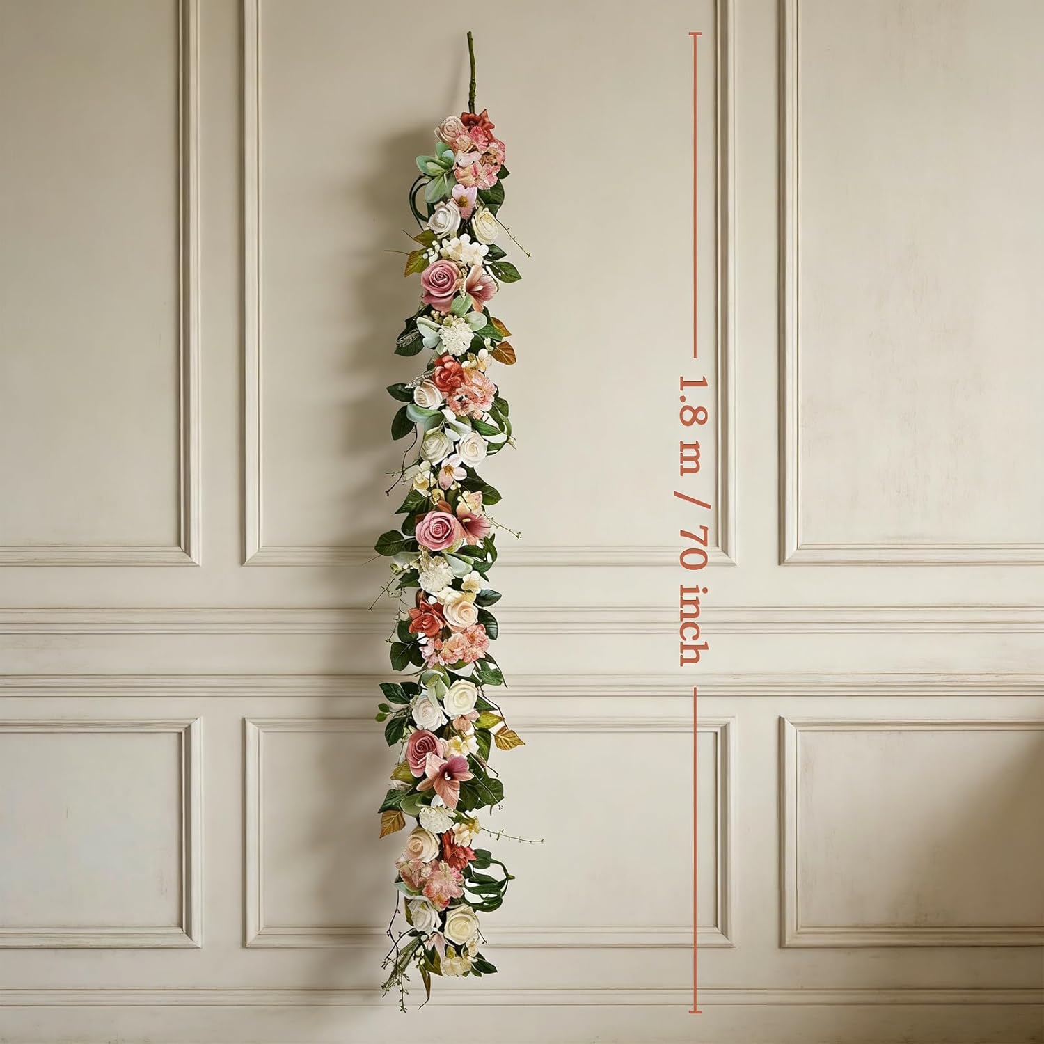 70" Pink Rose Garland for Wedding - Blush Pink Flower Garland for Table Centerpiece, Romantic Spring Floral Garlands for Decor, Fake Rose Garland for Wedding Arch, Mantle, Door & Home Wall