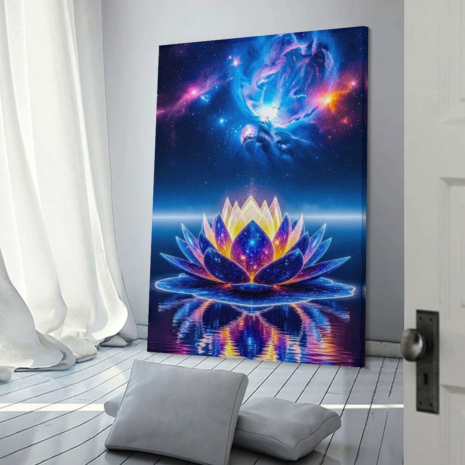 Junmoney Canvas Wall Picture Cosmic Lotus Flower on Water, 24x36inch(60x90cm), for Bedroom Decor, Cosy Corners Or Studios, A Warm Accent for Relaxed Interiors