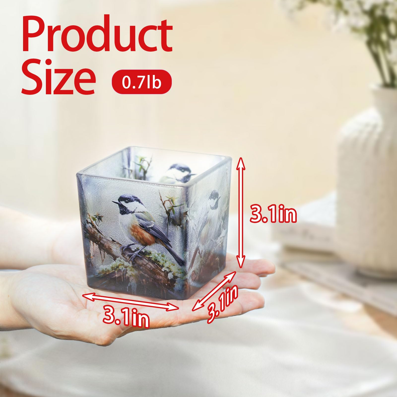 Wotywny świecznik na podgrzewacze, kwadratowy szklany wazon do dekoracji stołu, wielofunkcyjny szklany kubek do dekoracji stołu, 7,9 x 7,9 x 7,9 cm, ptak na gałęzi