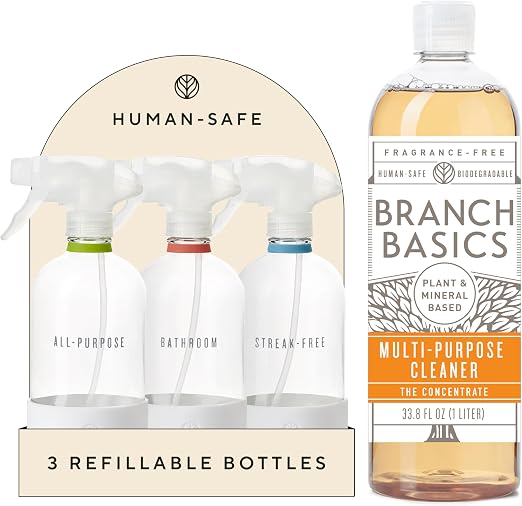 Branch Basics Cleaning Essentials Kit: All Purpose, Glass and Bathroom Cleaner - Concentrate (33.8 Oz) (24 Refills) + Refillable Glass Spray Bottles (16 Oz) Plant Based, Human-Safe, & Fragrance Free