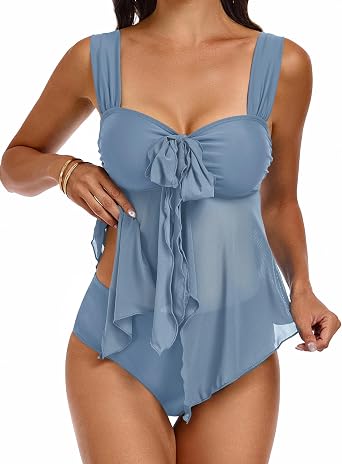 Women Mesh Tankini Swimsuit Wide Straps Two Piece Bathing Suit Front Tie Swim Top with High Waisted Bottom
