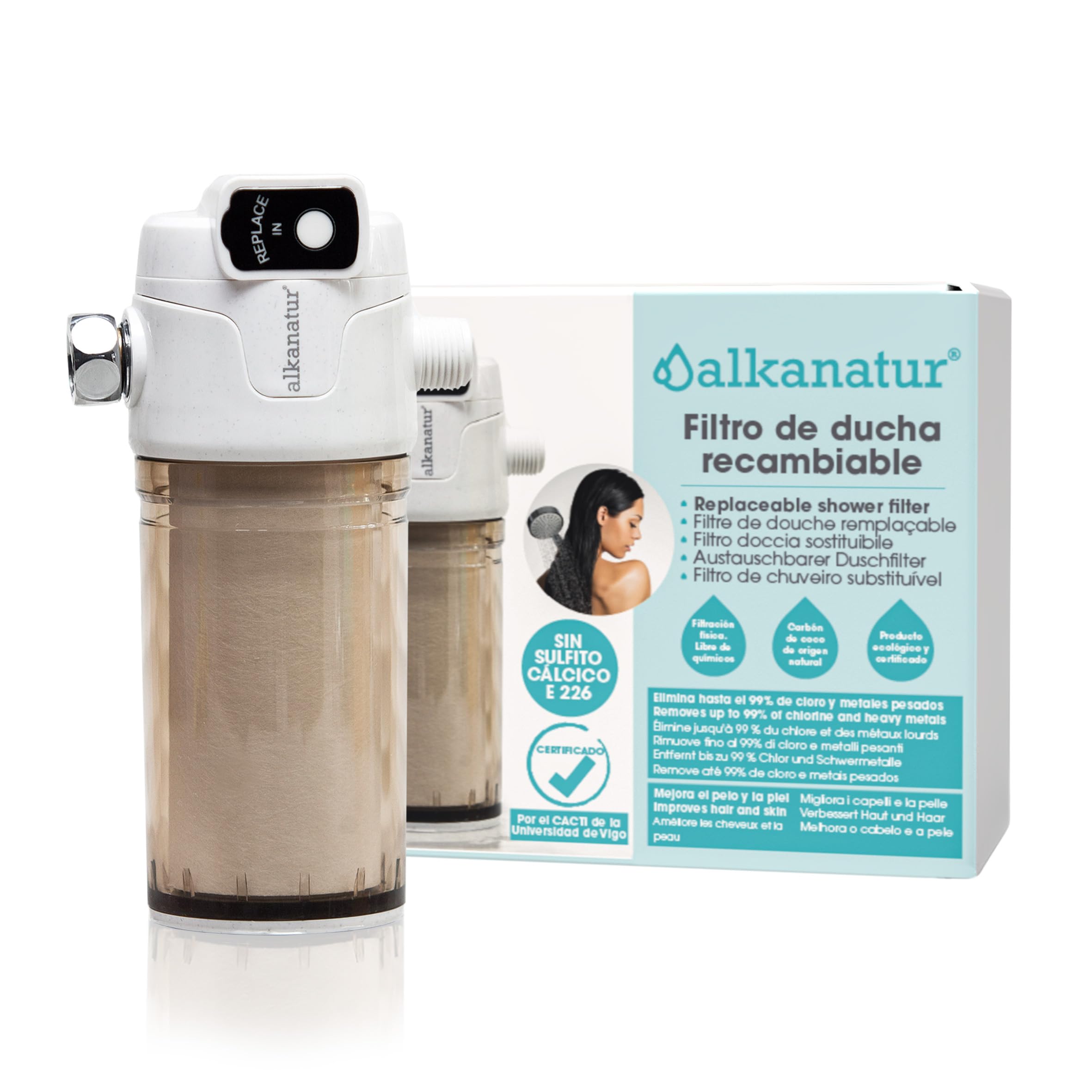 ALKANATUR Filtro Agua para Ducha y Baño 50.000 L Recambiable Sistema de Filtración Libre De Sulfito Cálcico E226