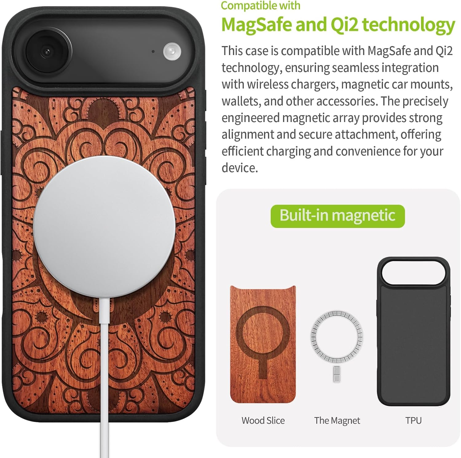Carveit Magnetic Wooden Case for iPhone Air Case, Wood Artisan Engraved & Soft TPU Shockproof Cover, Compatible with MagSafe 17 Air Wireless Chargers (The Hamsa Yin-Yang Mandala) Rosy