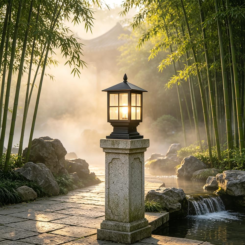 Exterior Luz de Poste de Jardín Pilar de Luz Impermeable IP65 Pedestal Impermeable Pantalla Vidrio Lámpara de Columna Lámpara de Pilar E27 Farolas Faros de Columna para Jardín, Patio (Negro)