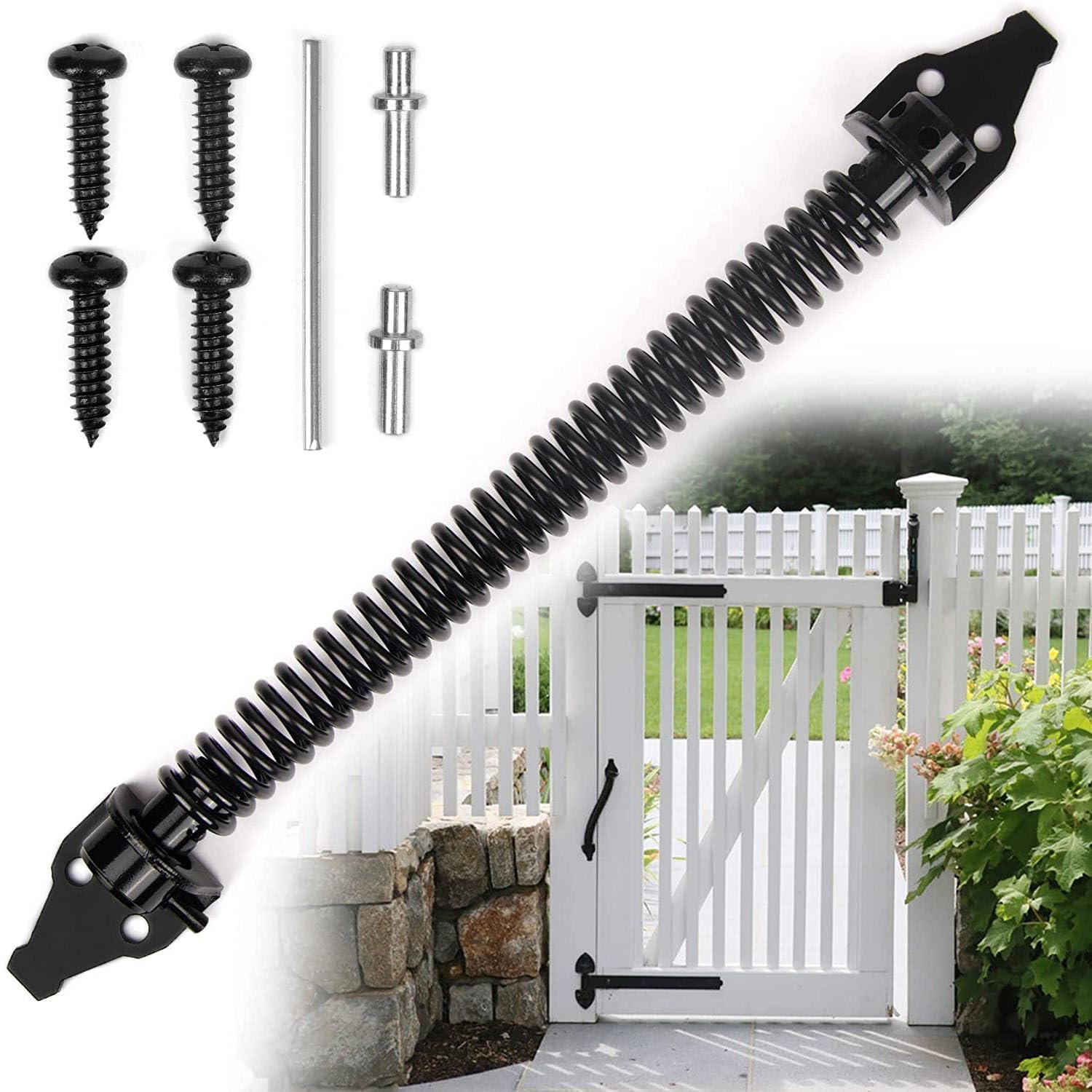 X spring Gate Closer, 36cm Metal Fence gate with Adjustable Tool, Heavy Duty Outdoor Closing Metal Closure, Self Closing Door for Wooden or Vinyl Fence