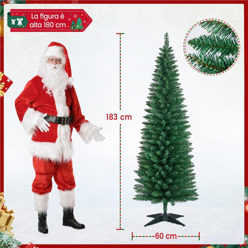 Yaheetech Slim Albero di Natale Artificiale in PVC Alto e Stretto con Base in Plastica Decorazione Natalizia Casa Ufficio 60 × 60 × 183 cm Verde