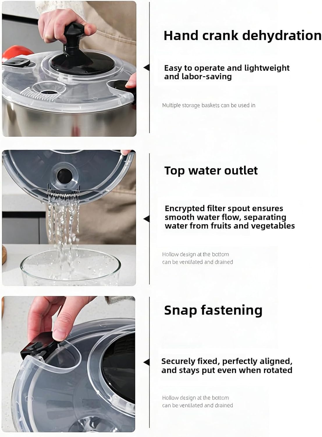 Bewinner Stainless Steel Salad Spinner 5L Large Capacity, Vegetable Washer & Lettuce Spinner with Crank, Multifunctional Kitchen Tool for Drying Salads & Washing Fruits