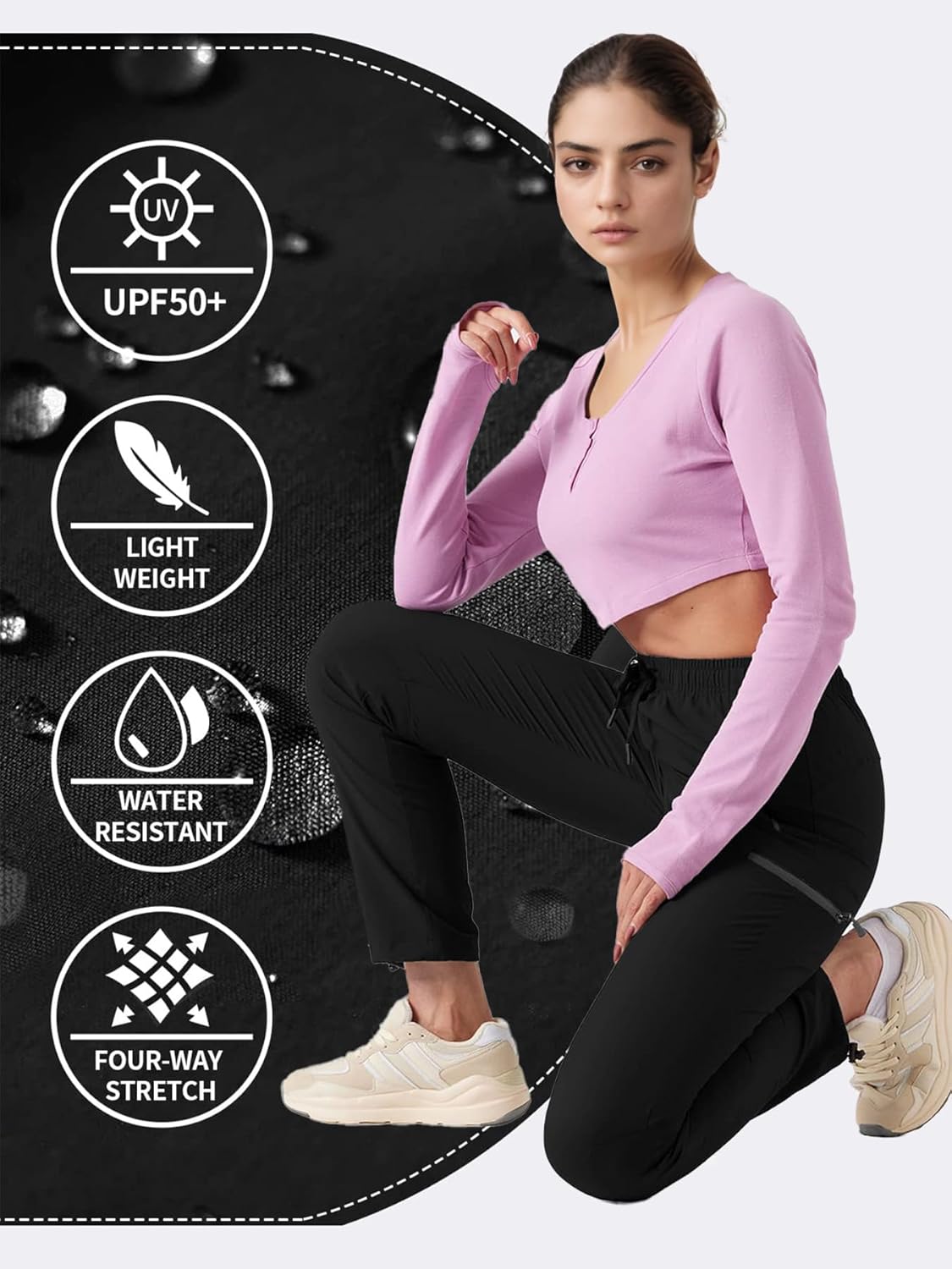 Women's Hiking Pants Outdoor Lightweight Quick Dry Water Resistant UPF 50+ Elastic Waist Cargo Pants Zipper Pockets - Image 4