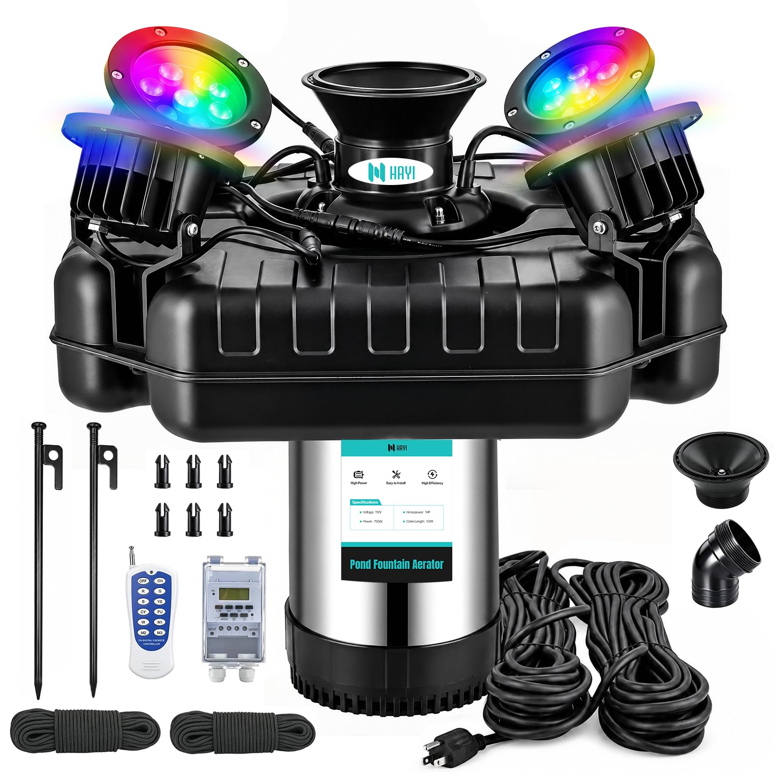 with 4 Dynamic RGB Lights by HAYI – Large, Metal, Black, Model POND FOUNTAIN AERATOR