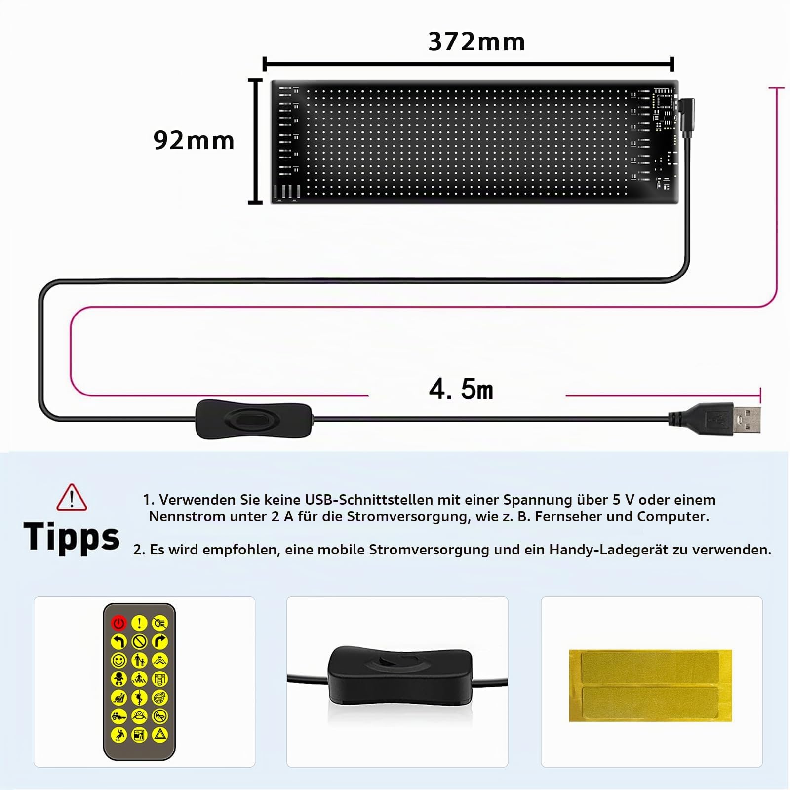 NEWFUN 2 er LED anzeigetafel, led laufschrift programmierbar, 37,2 x 9,2 cm Display, 5 V / 2 A Bluetooth Smart Apps. RGB-Panel, Personalisierte Leuchtreklame für Autos