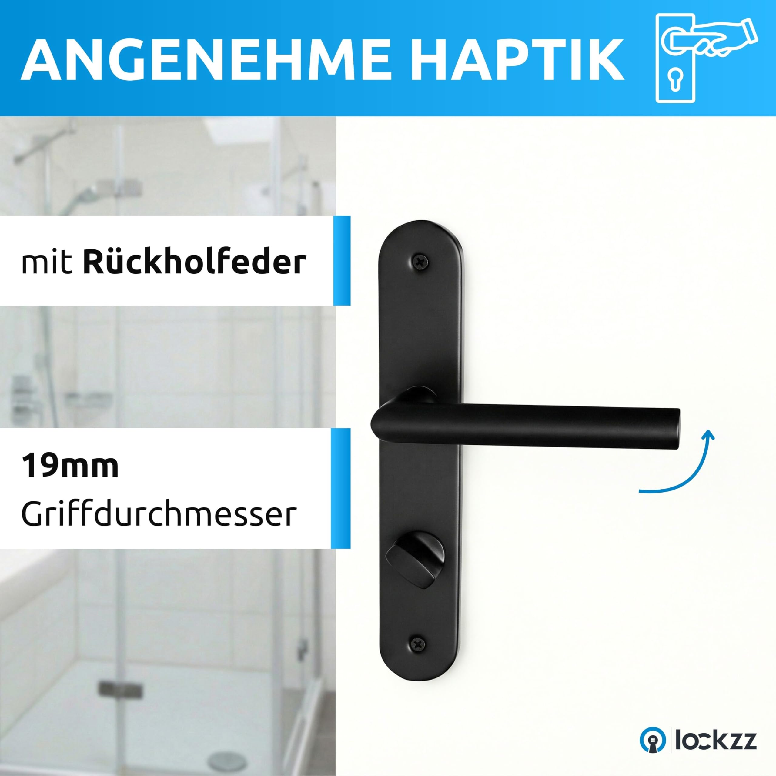 lockzz Türgriff Drückergarnitur Estenfeld Schwarz Matt – Badtürbeschlag Edelstahl L-Form für Badezimmertüren & WC – WC-Verriegelung inkl. Hochhaltefeder – Kompaktes Langschild Türdrücker Set