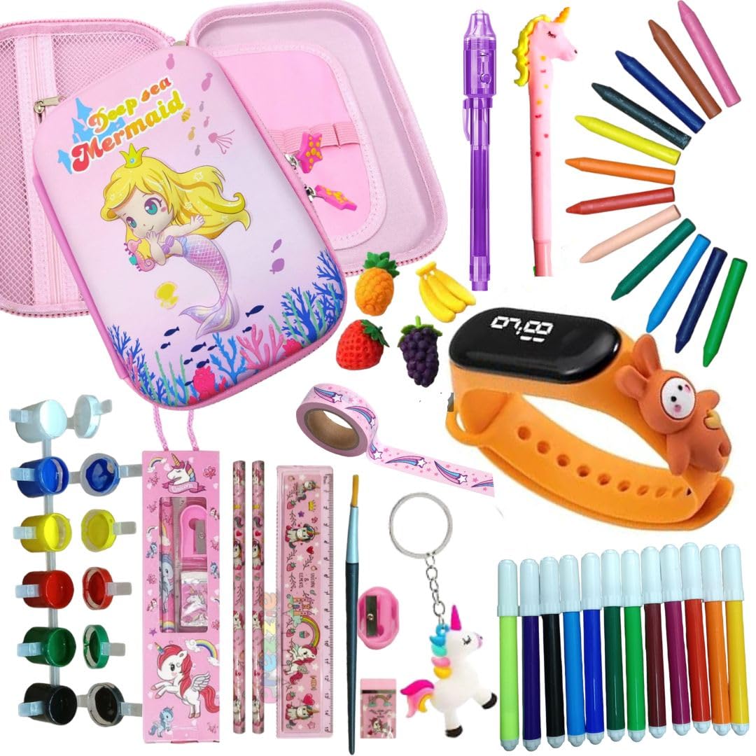 Prezzie Villa 46 Pieces Mermaid Pencil Case Combo for Kids, with Colors, Sharpener and Cartoon Pencils, School Supplies Gift Pack (B0D3M1KWM7) Amazon Price History, Amazon Price Tracker