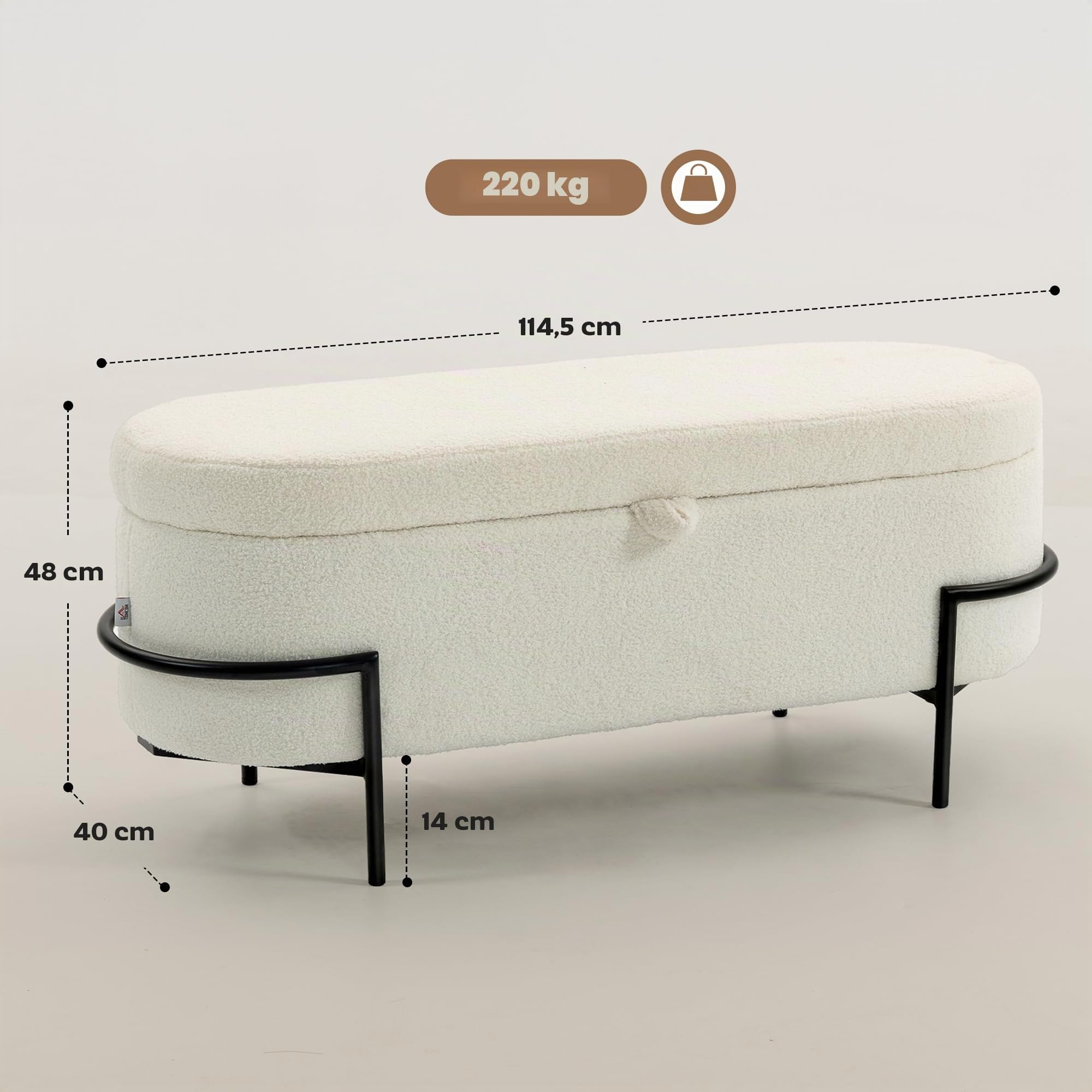 HOMCOM Banc de Rangement en Tissu Bouclette 114,5 x 40 x 48 cm Crème