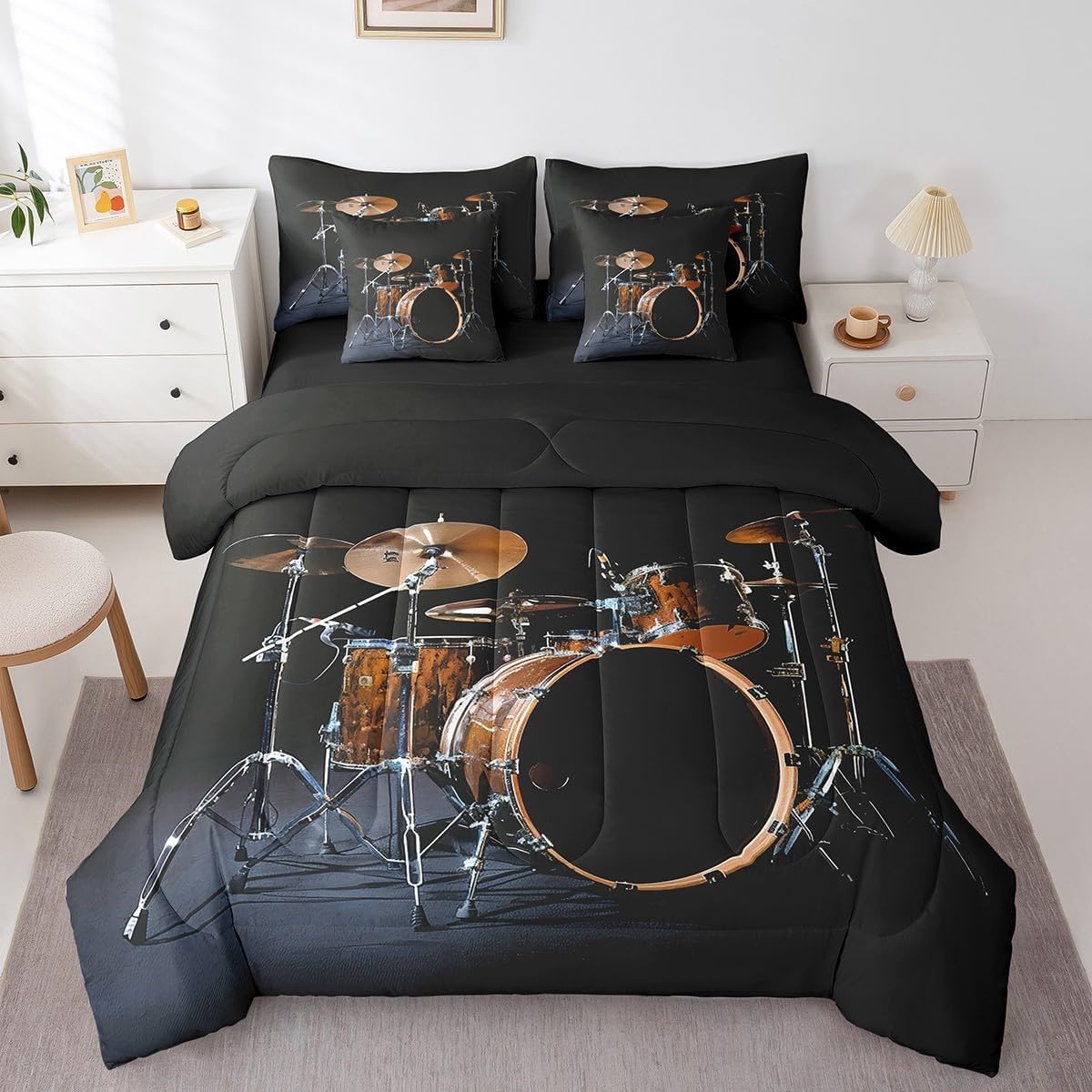 Erosebridal 3D Drum Bedding Sets, Musical Instrument Comforter Set 7-Piece Queen Size, Rock Roll Music Bed in a Bag for Kids Teens, Abstract Vintage Bed Sheets Set