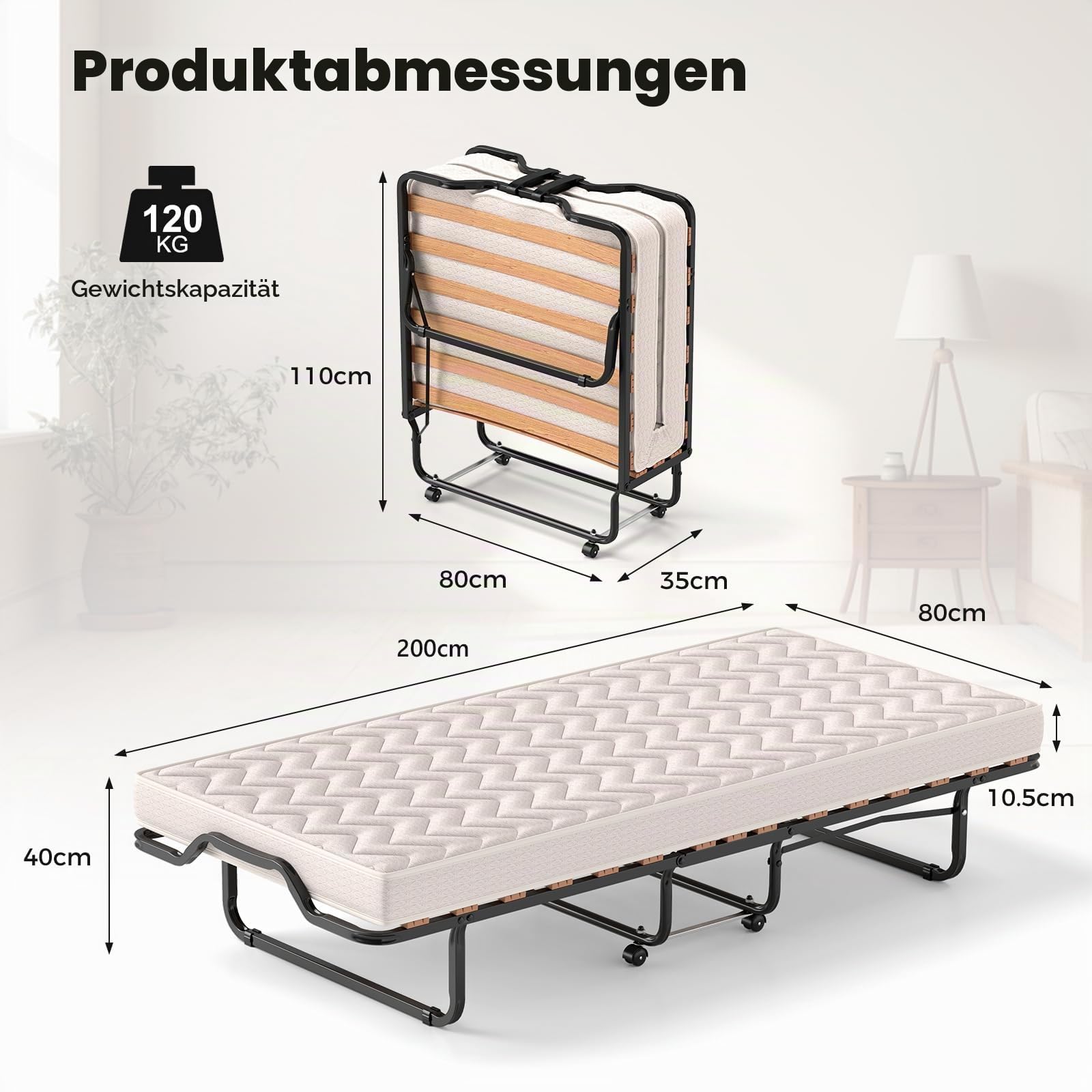 GIANTEX Klappbett 80x200 cm, Gästebett klappbar mit 4 Rollen, Reisebett Erwachsene, Klappbares Bett mit Matratze Memory-Foam, Einzelbett mit Lattenrosten, Faltbett Metallbett bis 120 kg belastbar