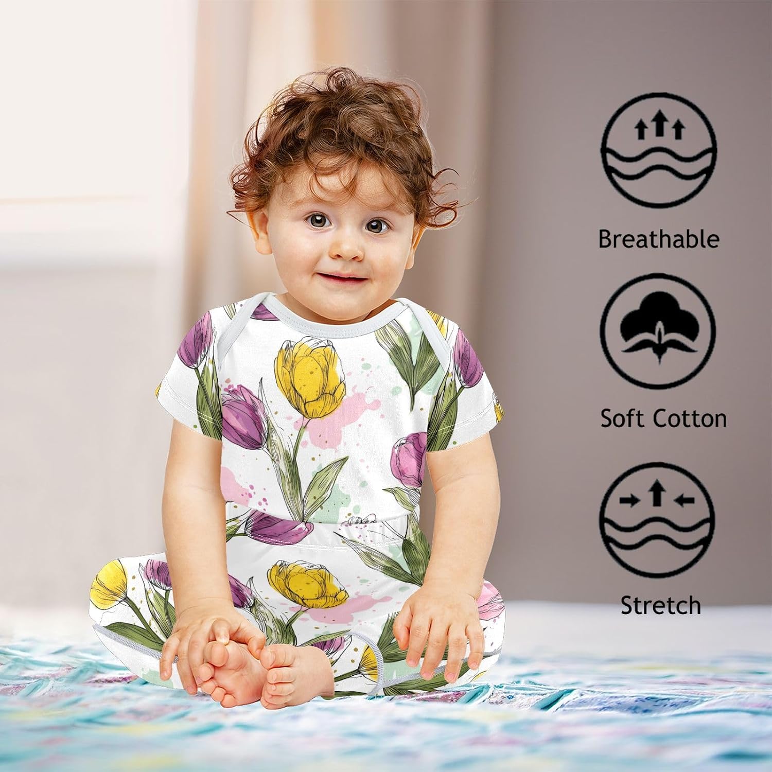 vvfelixl Baby Clothes Watercolor Tulip Baby Bodysuits Set Unisex Short Sleeve Babys Pants Sets 0-3M