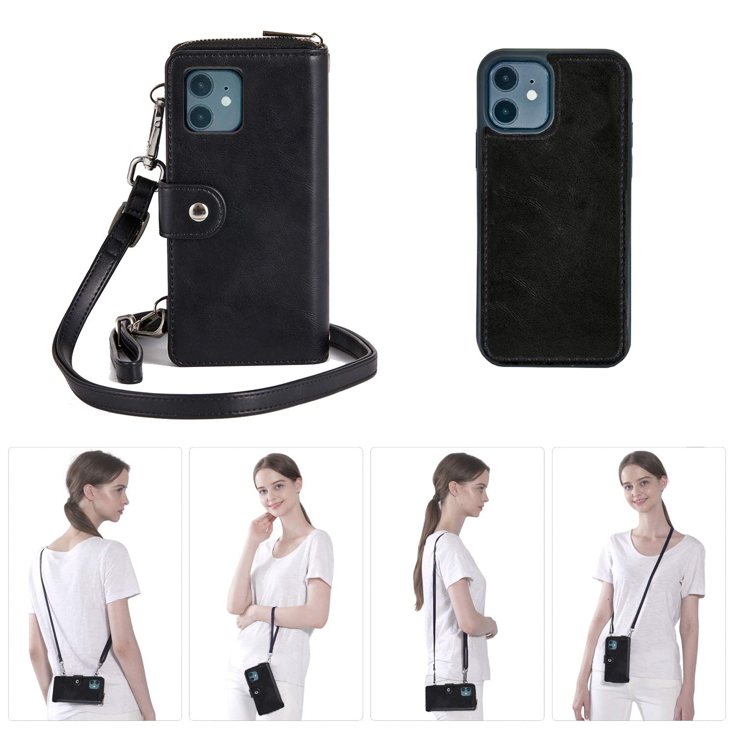 MODOS LOGICOS for iPhone 12 / iPhone 12 Pro Crossbody Bag, [Shoulder Wrist Straps] [Zipper Storage] [11 RFID Card Slots 3 ID Window] PU Leather Purse with Removable Inner Magnetic TPU Case - Black