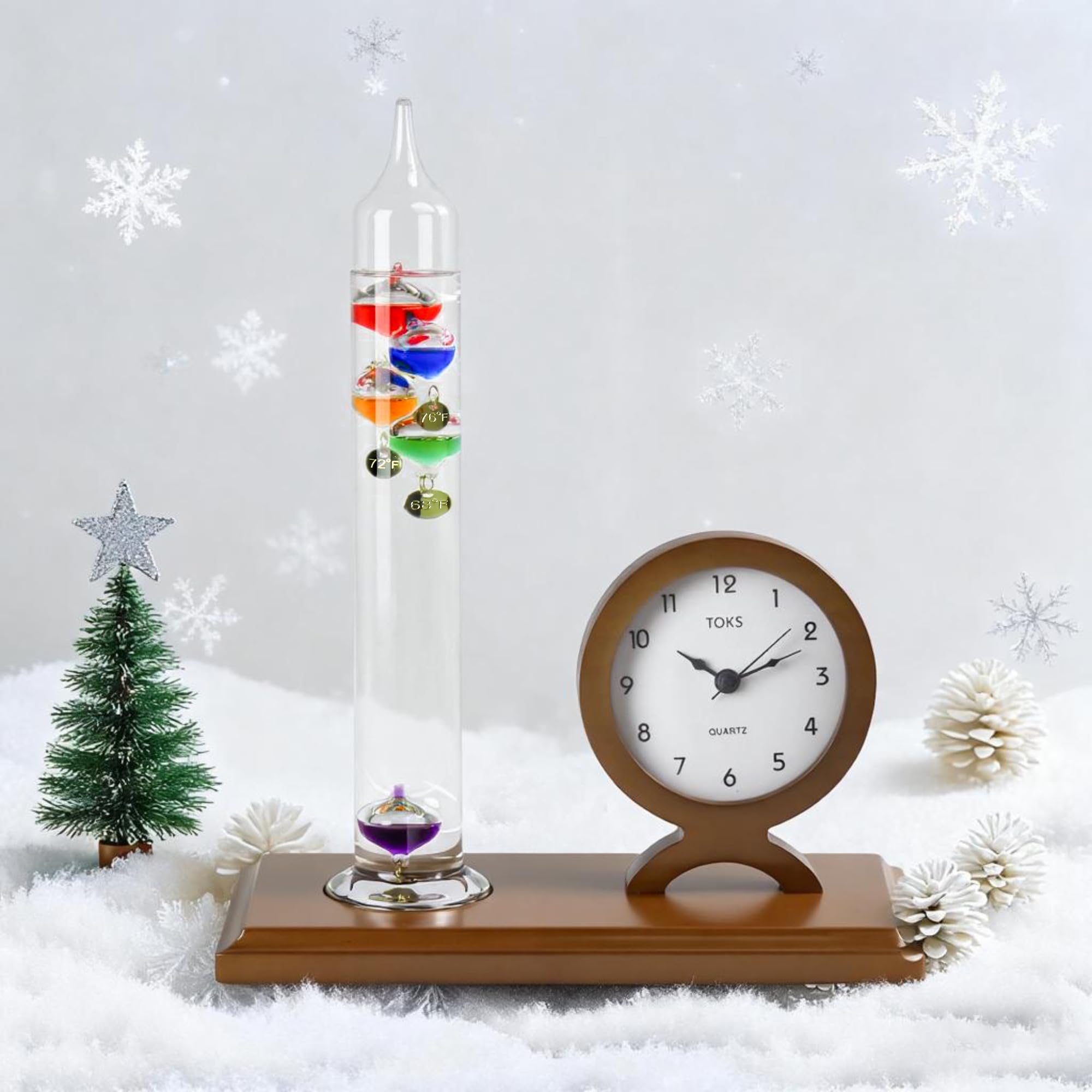 Lily's Home Galileo Termometro con Orologio - 5 Sfere - Gamma 64ºF-80ºF - Orologio con Movimento Silenzioso - Elegante Design 2 in 1 - Regalo Ideale per Arredamento Casa/Salotto - Termometro Galileo