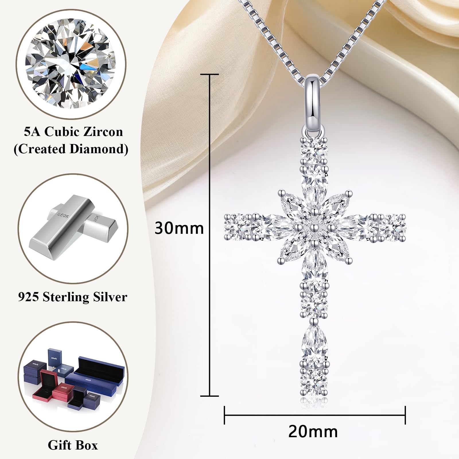 Placcato oro bianco 18 carati Collar Cruz Mujer Plata s925 Cadena de Plata 925 Colgante para Mujere y Damas