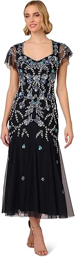 Adrianna Papell Women's Embellished Godet Dress, Midnight Multi, 14
