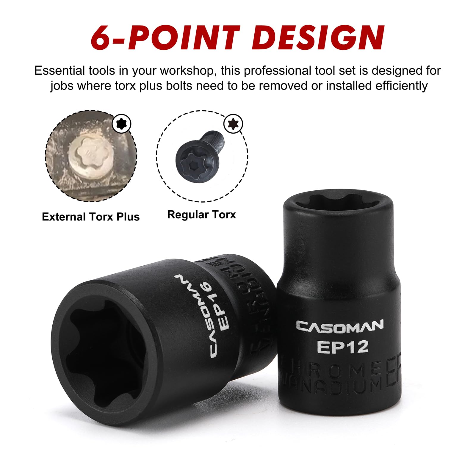 CASOMAN Set di 19 bussole Torx Plus esterne, 6 e 5 punti EP4-EP32 con 1/2'', 3/8'' e 1/4'' Dr. EP8.8 compatibile con Tesla, acciaio Cr-V