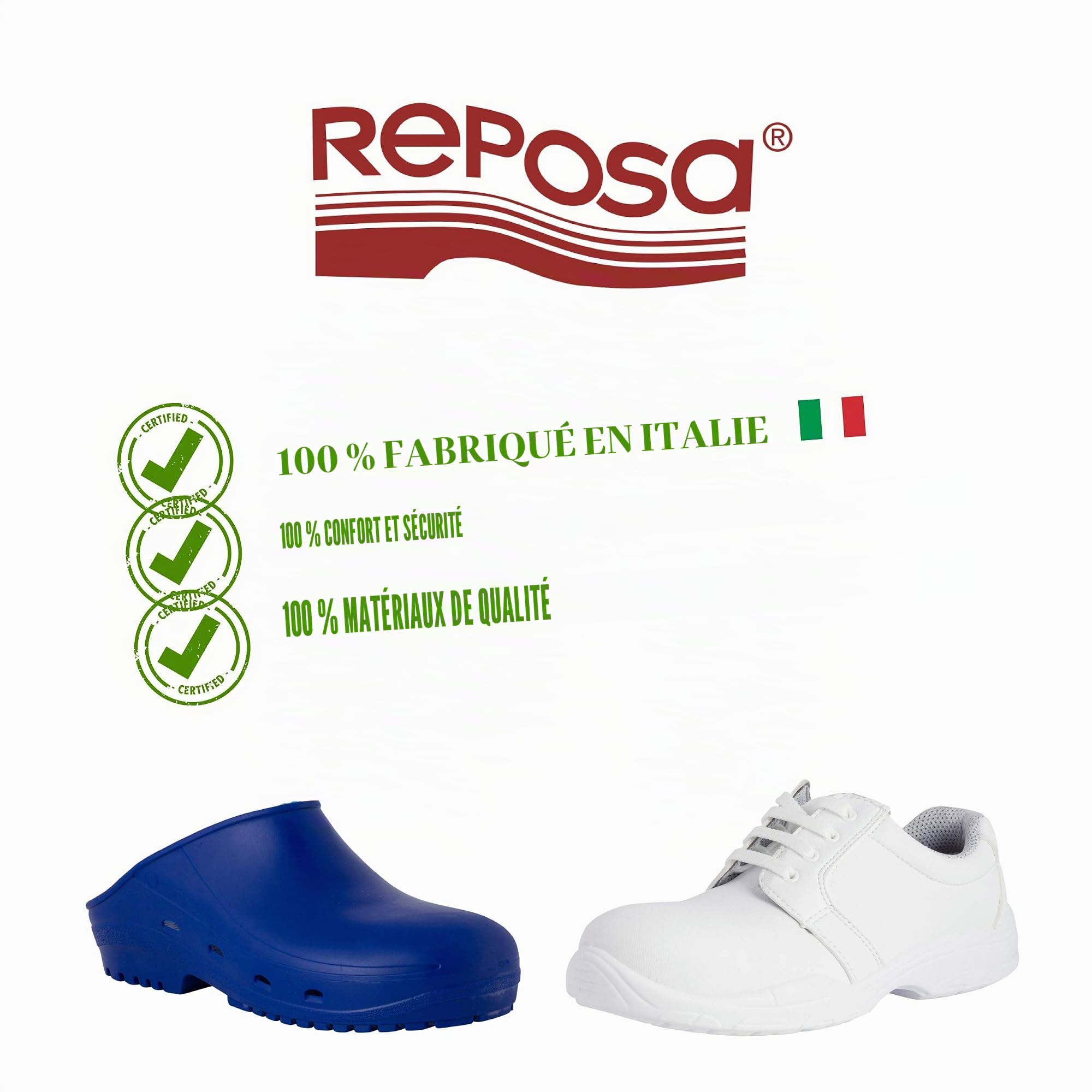 REPOSA Medical, avec Embout en Acier, Bloc avec Empeigne Rembourrée Respirante, Sangle Réglable et Semelle SRC Antidérapante, Antichoc et Antistatique, Sabot Sanita Mixte, Blanc, 43 EU