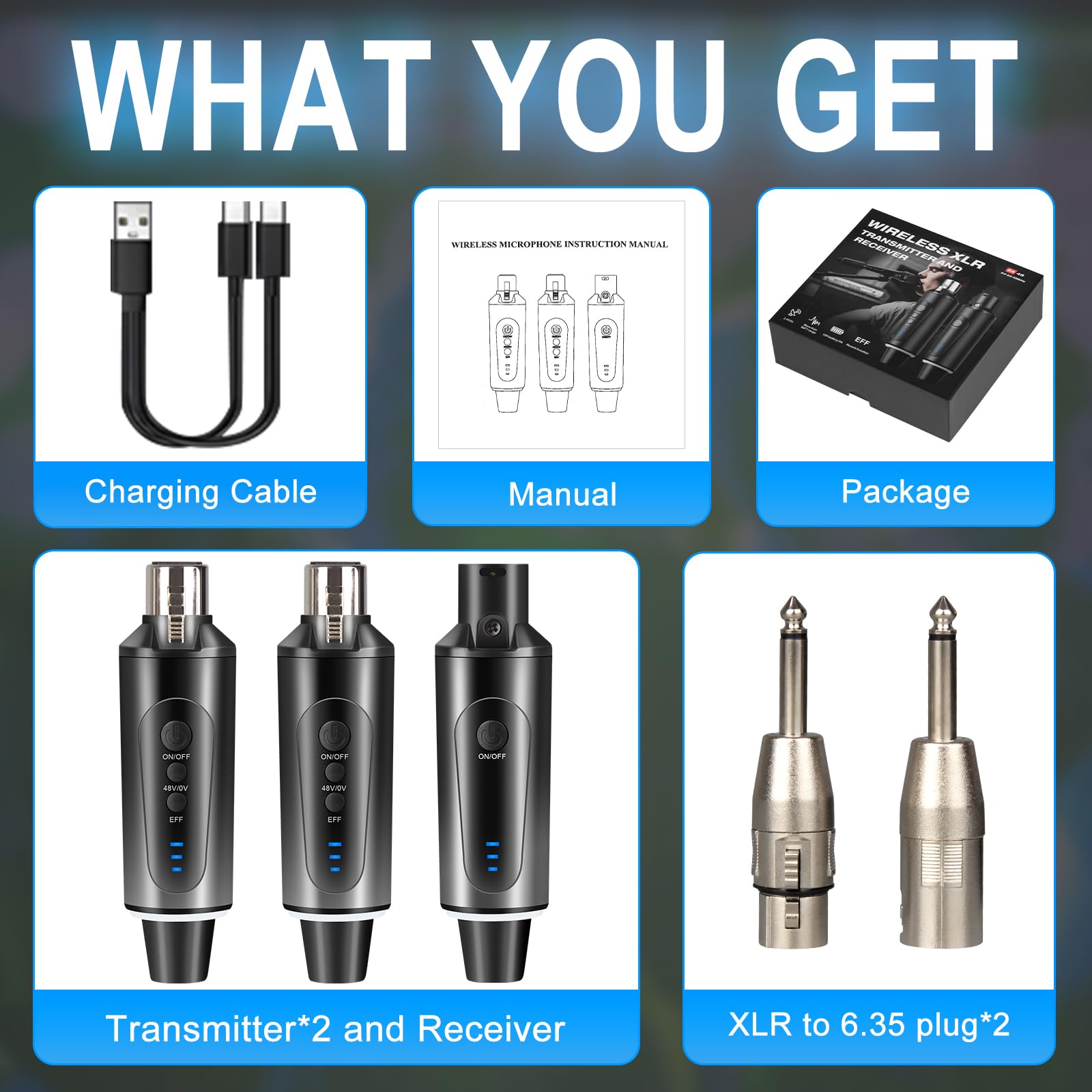 Depusheng S5 Émetteur-récepteur de guitare sans fil avec 2 émetteurs XLR sans fil et 1 récepteur avec commutateur de réverbération pour microphones à condensateur dynamique et 48 V, mixeur audio
