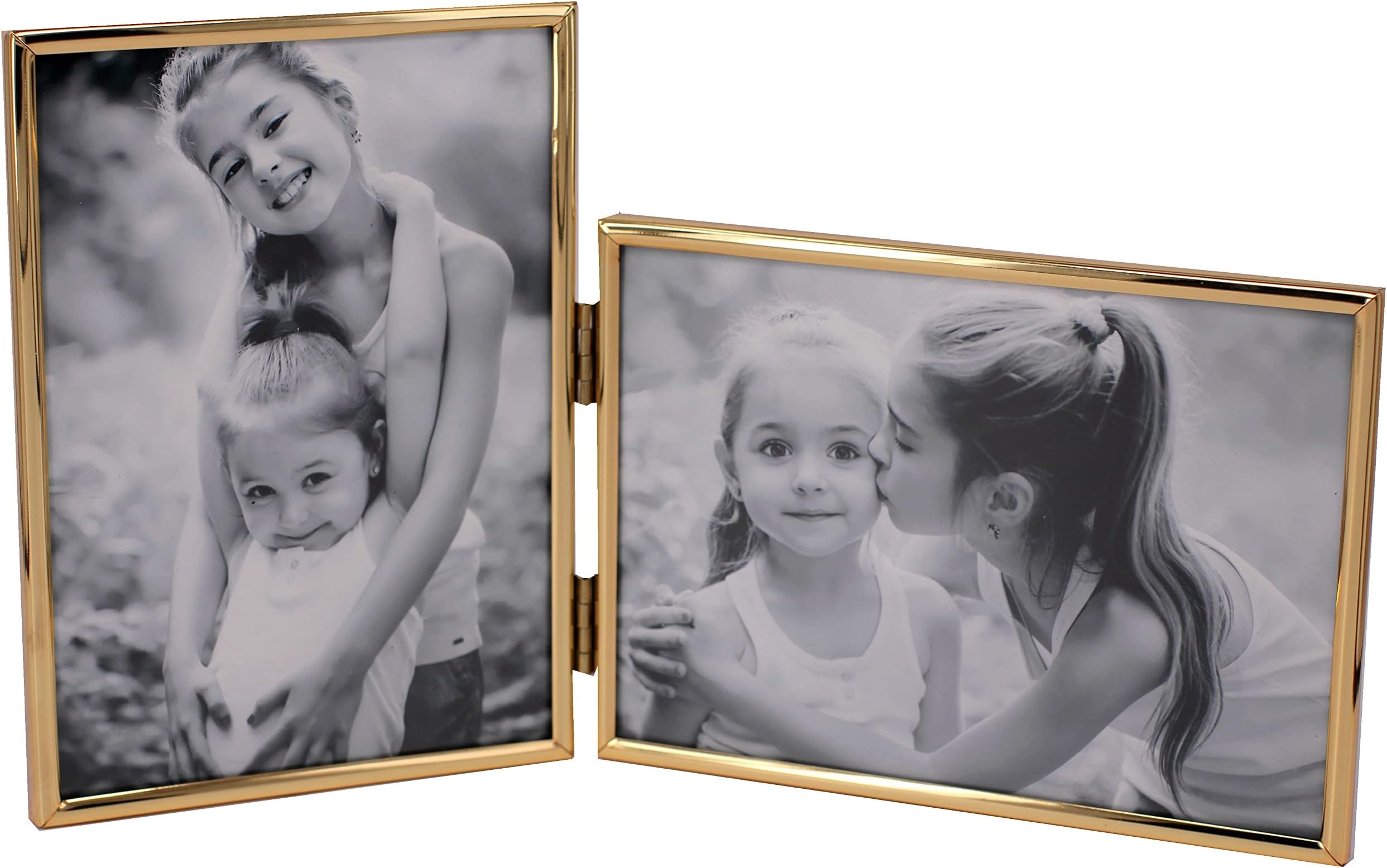 Vertical Horizontal Combo- Double 4 by 6 Inch Metal Folding Picture Frames-(1 Landscape and 1 Portrait Style) (Modern Gold)