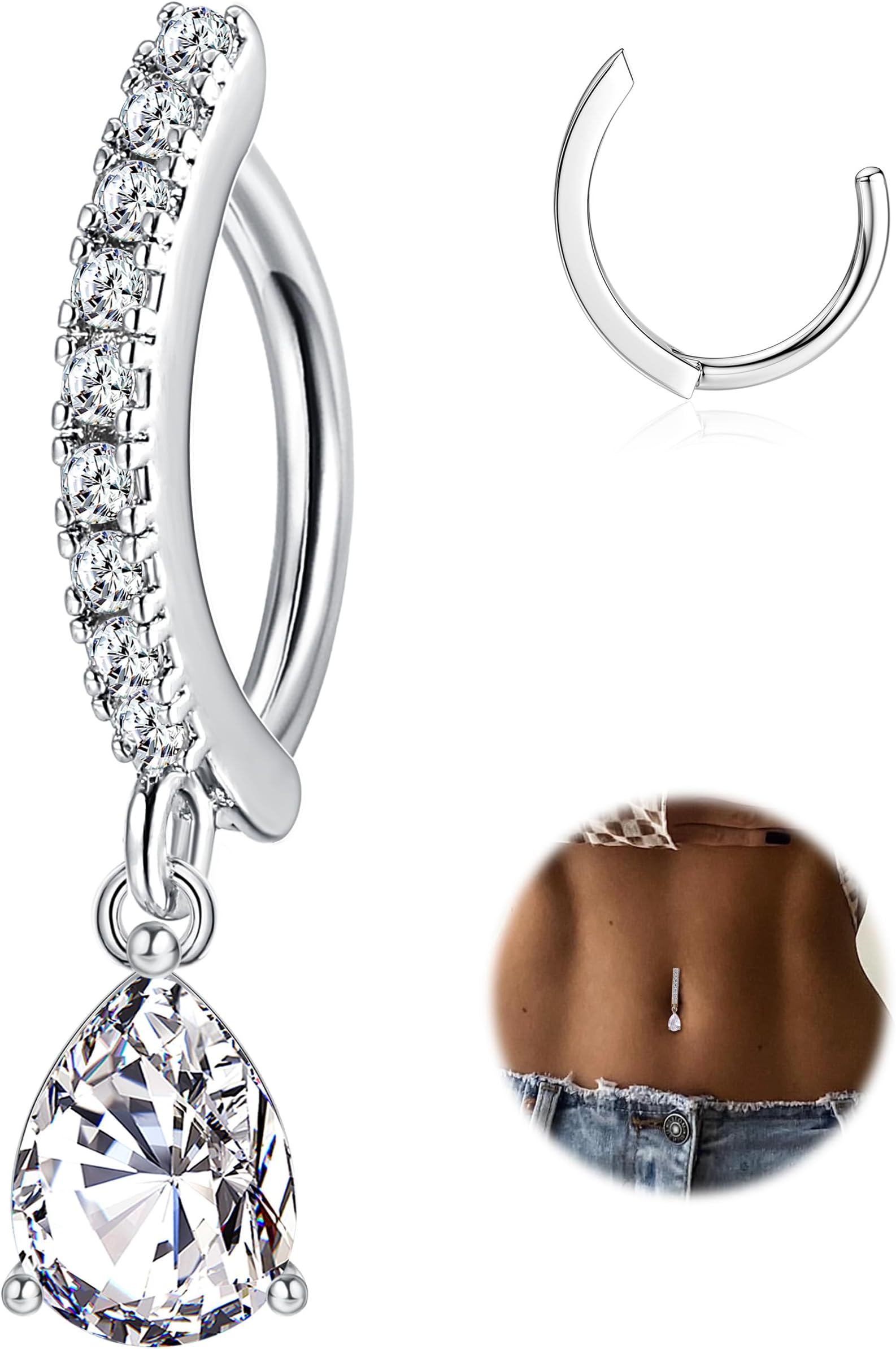 14G Clicker Belly Rings 316L Surgical Steel Dangle Belly Button Ring CZ Teardrop Pendant Navel Rings Barbell Body Piercing Jewelry