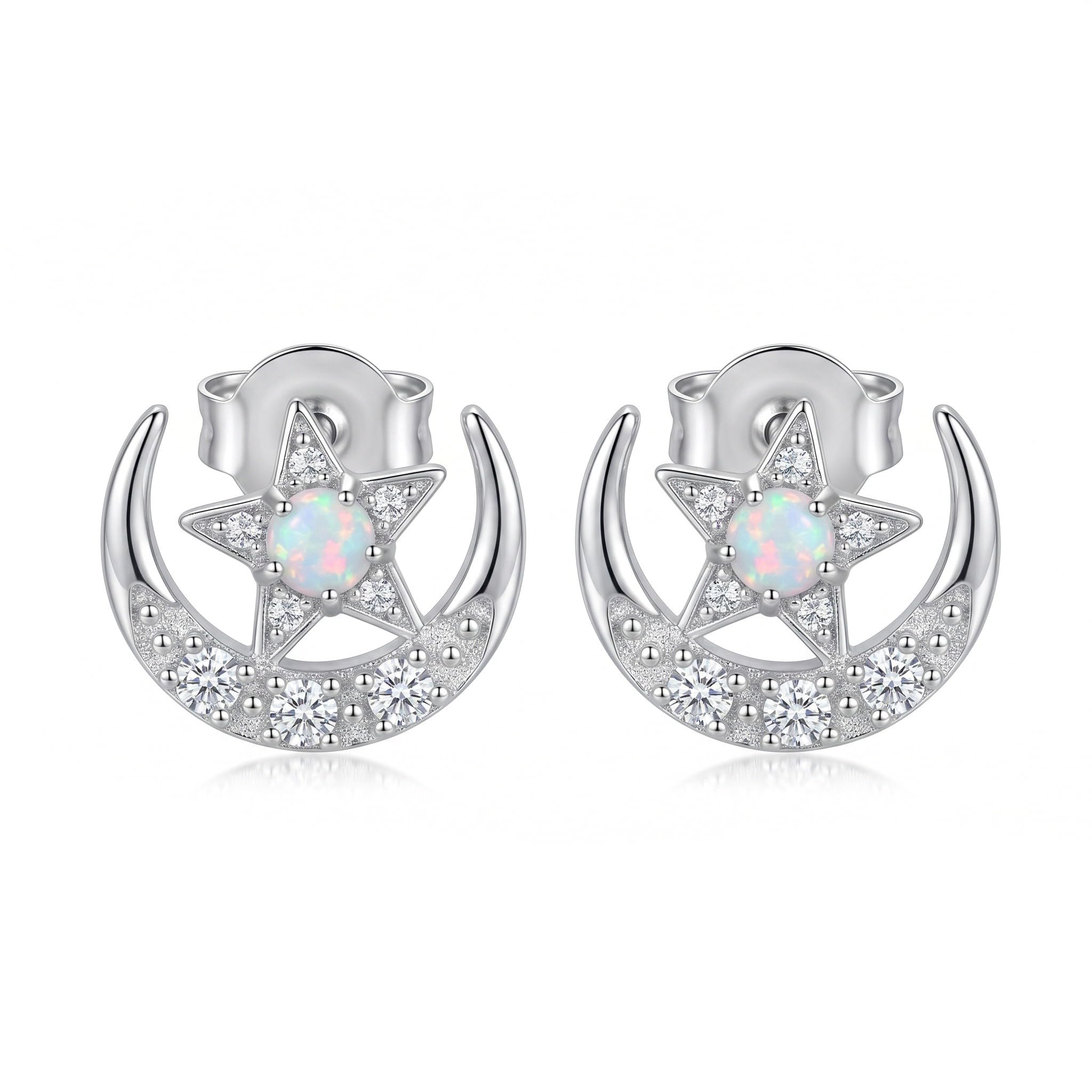 Mond und Stern-Ohrringe Ohrstecker aus 925er Sterlingsilber mit Opal-Stern, Halbmond-Schmuck, Geschenk, himmlische Ohrringe für Damen