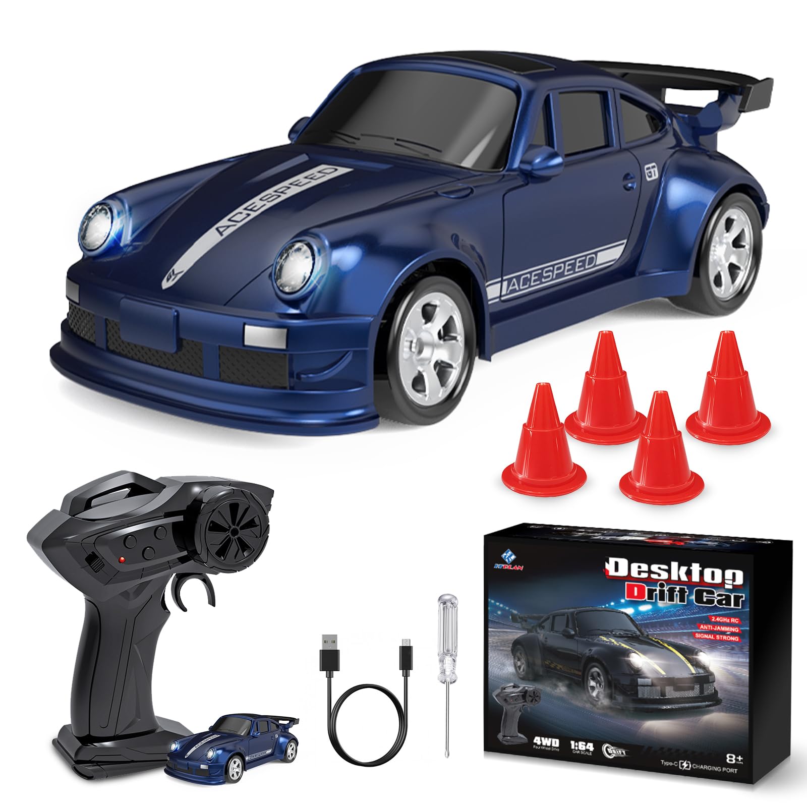 BuzzoXerex Coche Teledirigido Drift, 1:64 Mini Drift RC Car, 4WD Coche Radiocontrol con Kit Barricada, Luces LED, 15km/h, Coche Teledirigido de Juguete para Niños Mayores de 6 Años (Azul Oscuro)