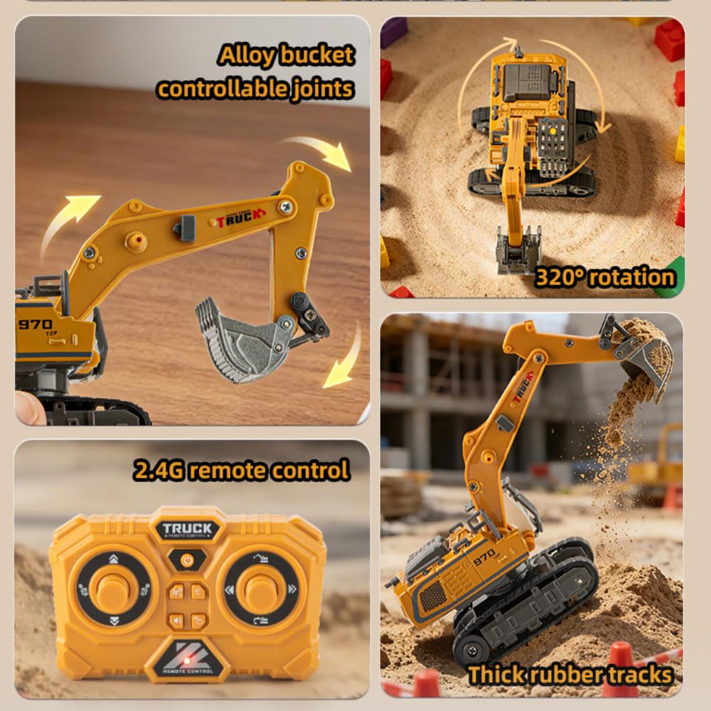 Excavatrice télécommandée pour enfants, 1:64, pelleteuse radiocommandée, avec pelle en métal, rotation à 320°, pelleteuse RC voitures avec lumières et effets sonores