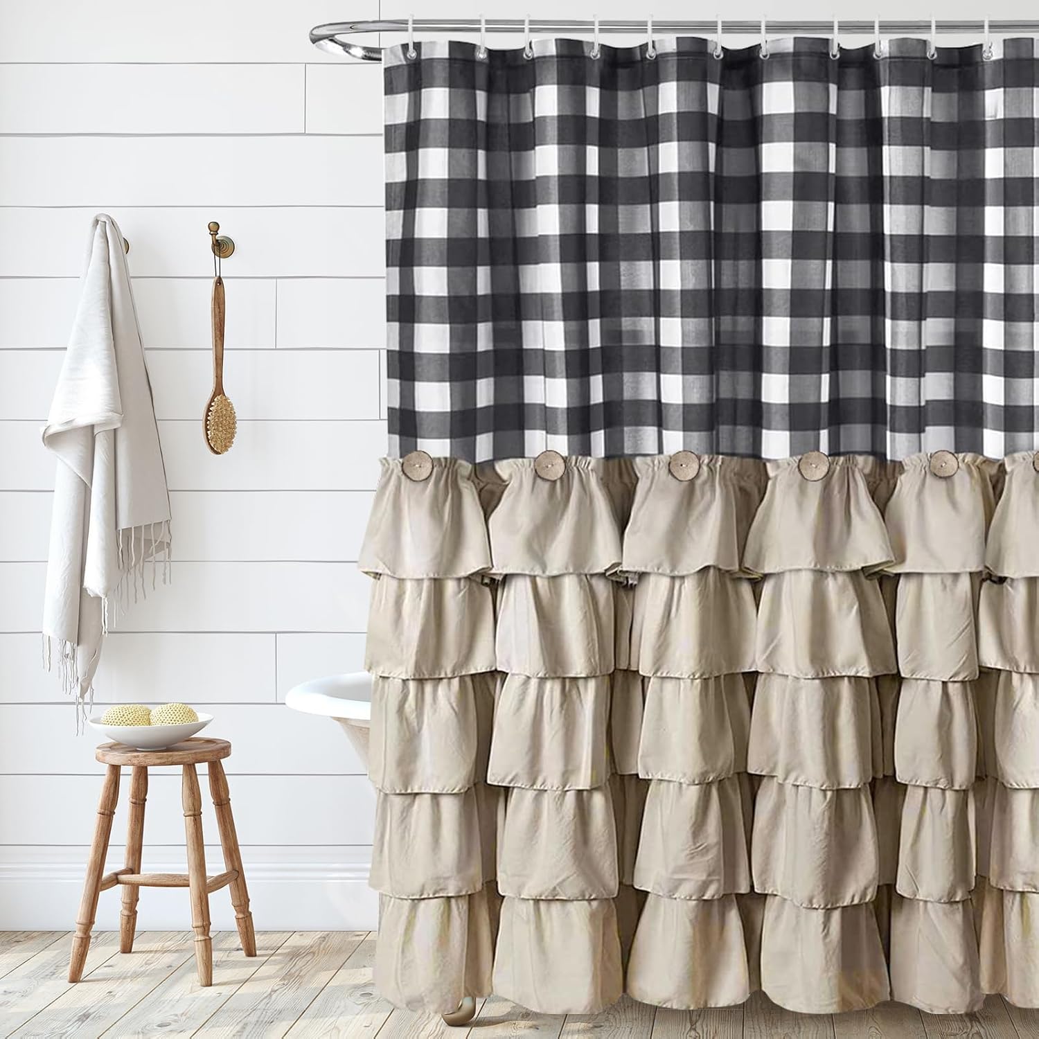 Seasonwood Grey Farmhouse Shower Curtain Extra Long 84 Inch Gray and White Buffalo Plaid Pattern Fabric 72"x84" Shower Curtains with Buttons & White Ruffles for Bathroom Long Shower Curtain 84 Length