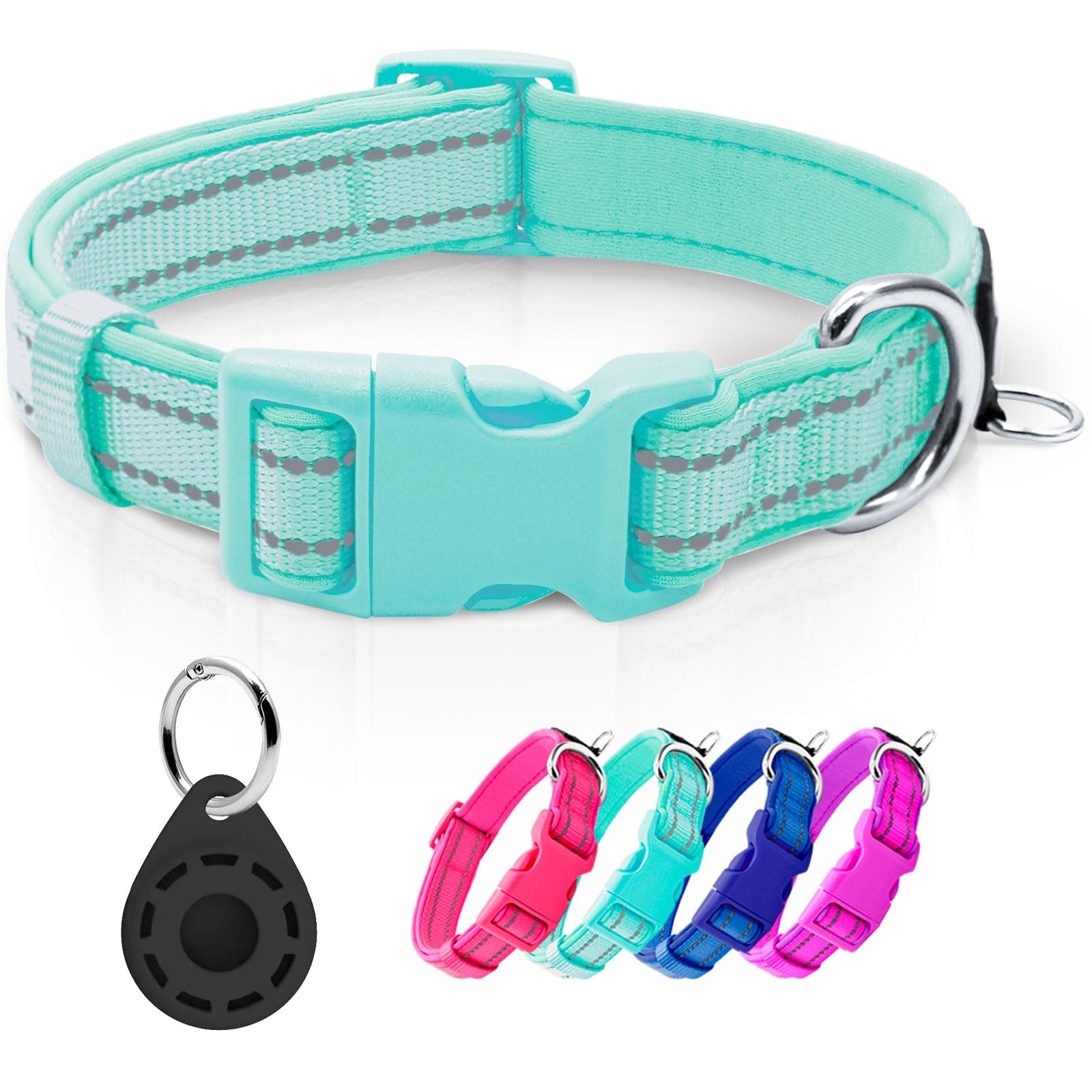 azuza Reflective Dog Collar with Airtag Holder, Soft Neoprene Padded Pet Collar with ID Tag Ring, Adjustable for Small Dogs,Teal,S