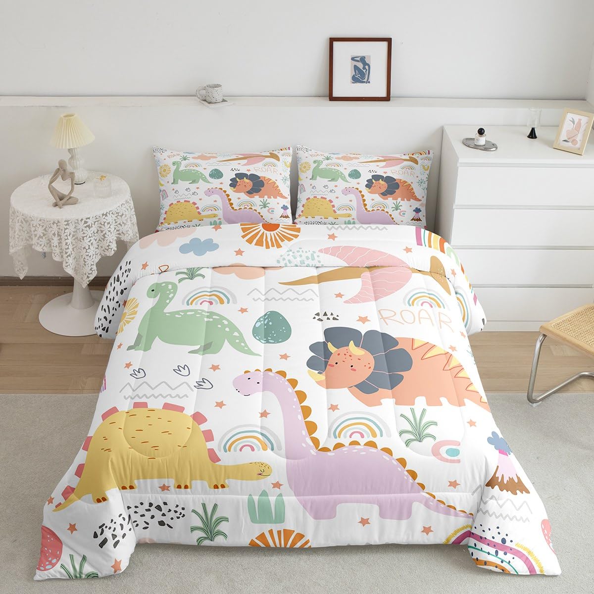 Feelyou Dinosaur Comforter King Size, Cute Rainbow Dino Comforter Set for Kids Boys Girls Jungle Dino Comforter Set Cartoon Rainbow Wildlife Duvet Set Durable Quilt Set