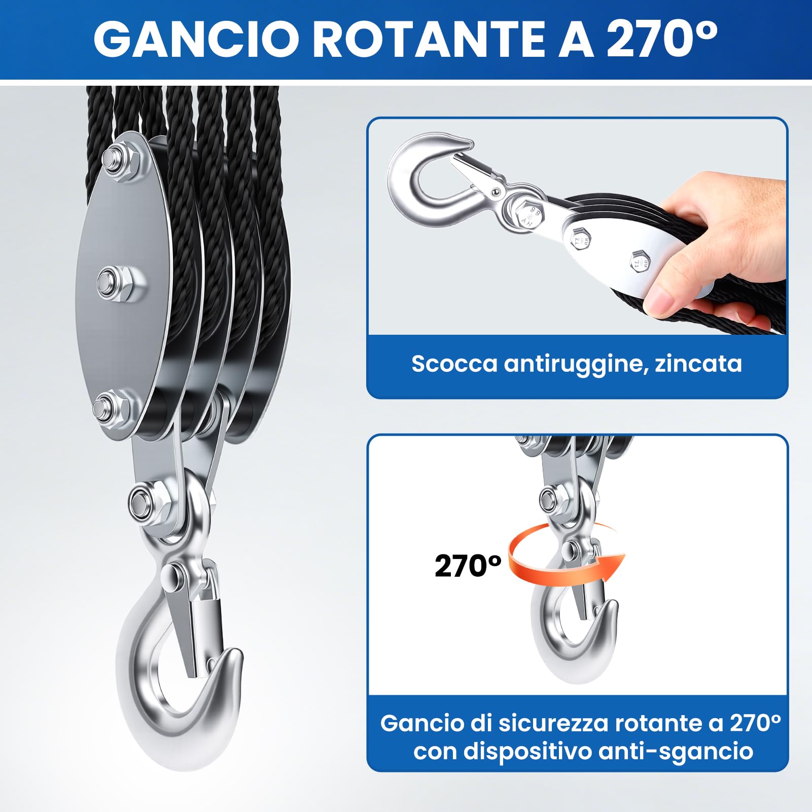 Puleggia per carichi pesanti, Carrucola per Sollevamento con polipropilene Corda da 20m, 8:1 rapporto di forza di sollevamento, capacità di carico di 4400 libbre, per garage magazzini
