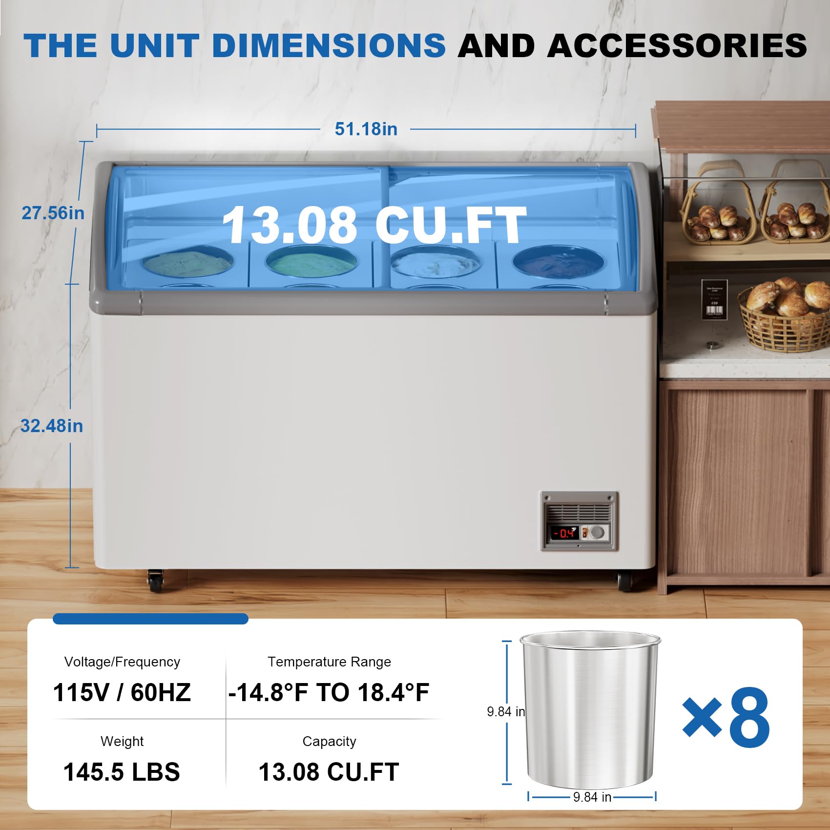 13.5 Cu.Ft Commercial Ice Cream Display Freezer, 51" Gelato Dipping Cabinet With 8 Large 3 Gallon Tubs, Top Open Chest Freezer For Restaurant, Ice Cream Shop, White on Fridge.com - View 5