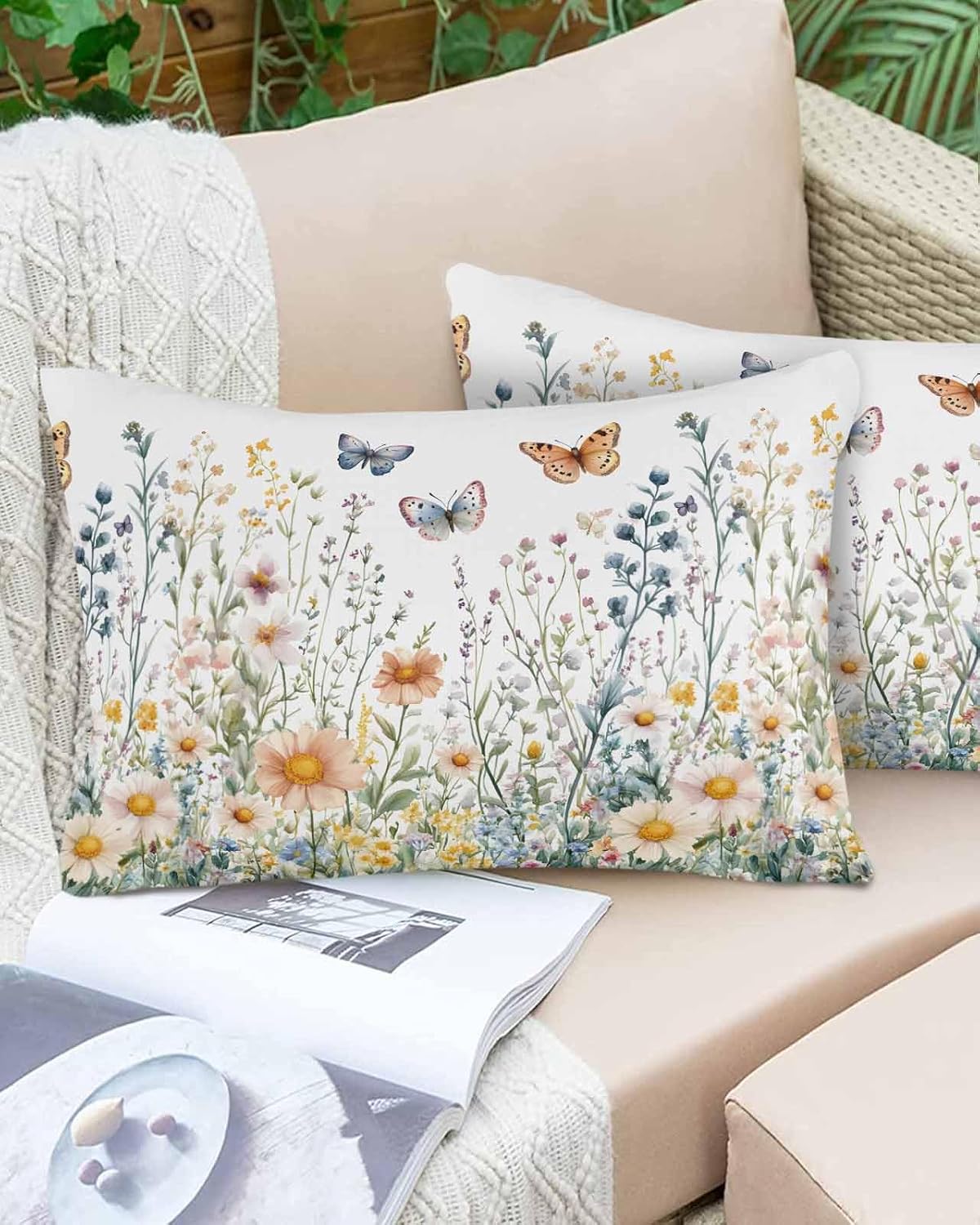 Outdoor Waterproof Pillow Covers Watercolor Daisy Floral Butterfly Decorative Throw Pillow Protectors, Wildflower Farm Pastoral Pillowcase Cushion Cases for Patio Sofa Garden Couch,20x12IN,Pack of 2