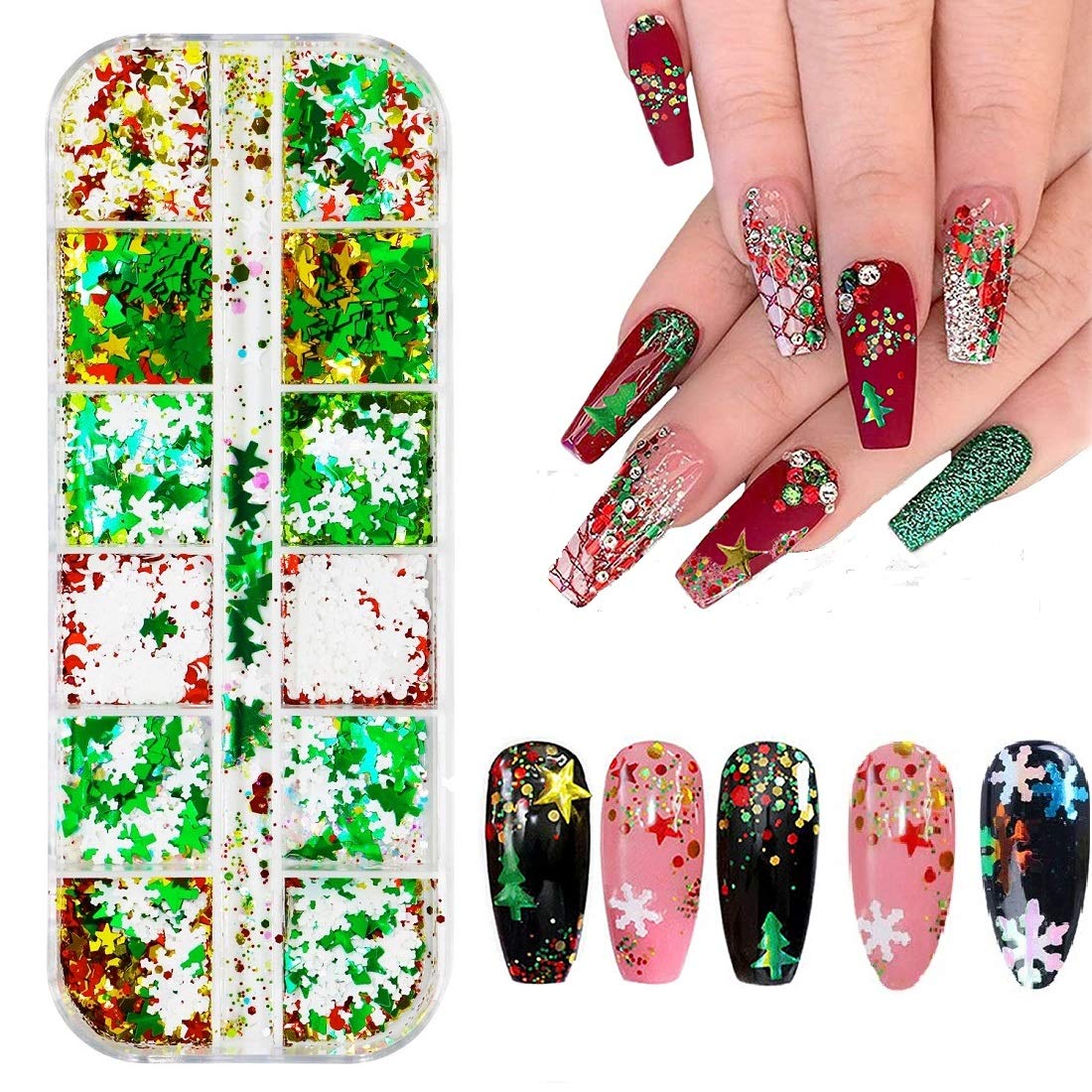 Bestkiy Christmas Nail Art Glitter Decals 3D Snowflake Stars Tree Nail Stickers, Laser Holographic Nails Sequins Xmas Decoration Home Party Nail DIY Supplies(12 Color)
