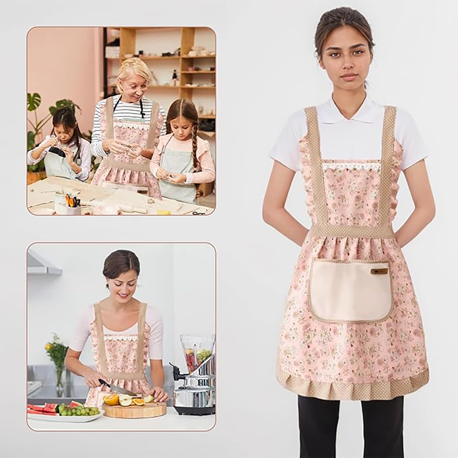 Shirene Damski fartuch kuchenny, vintage, różowy płócienny kwiatowy fartuch z kieszeniami, regulowany fartuch kuchenny, fartuchy dla kobiet do kuchni, pieczenia, ogrodnictwa, grilla (różowy)