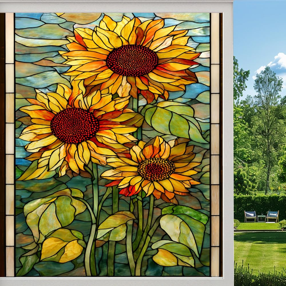 Pmlbaous Colorful Sunflowers Frosted Window Film, Retro Natural Flower Stained Glass Privacy Film, Heat Insulation Self-Adhesive Vinyl For Bathroom Office, （55X120cm）