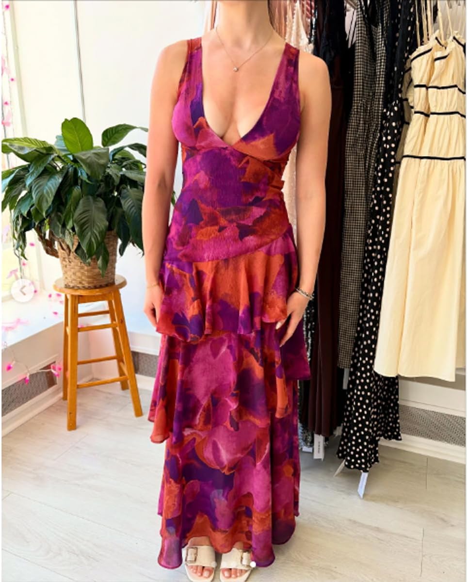 Women's Floral Maxi Dress Sexy Deep V Neck Backless Ruffles Dresses Beach Party Wedding Guest Dress - Image 5