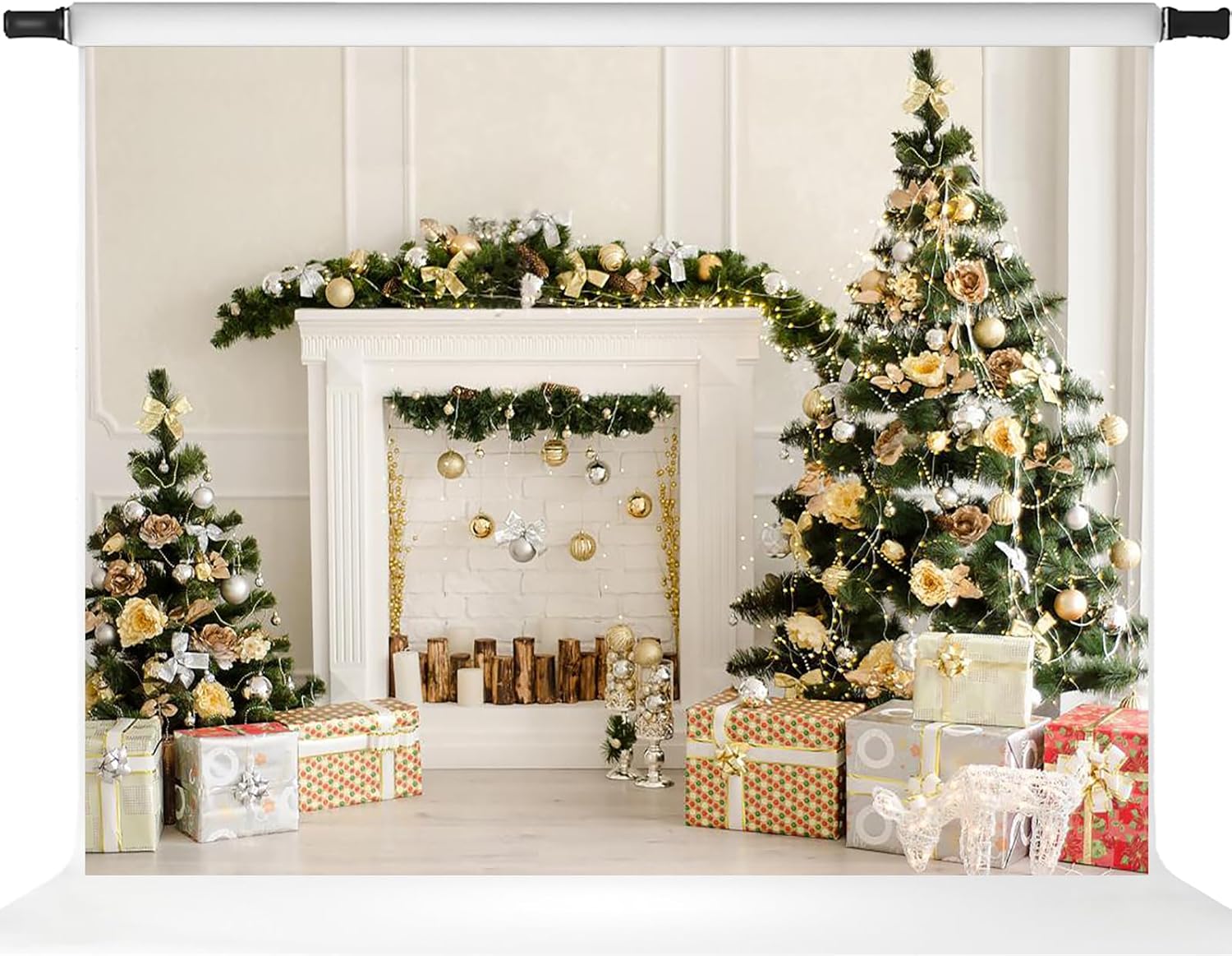 Kate Christmas Fireplace Backdrop Luxurious Holiday Decor Photography Background Christmas Trees Festive Season Photo Studio Props, 7x5ft