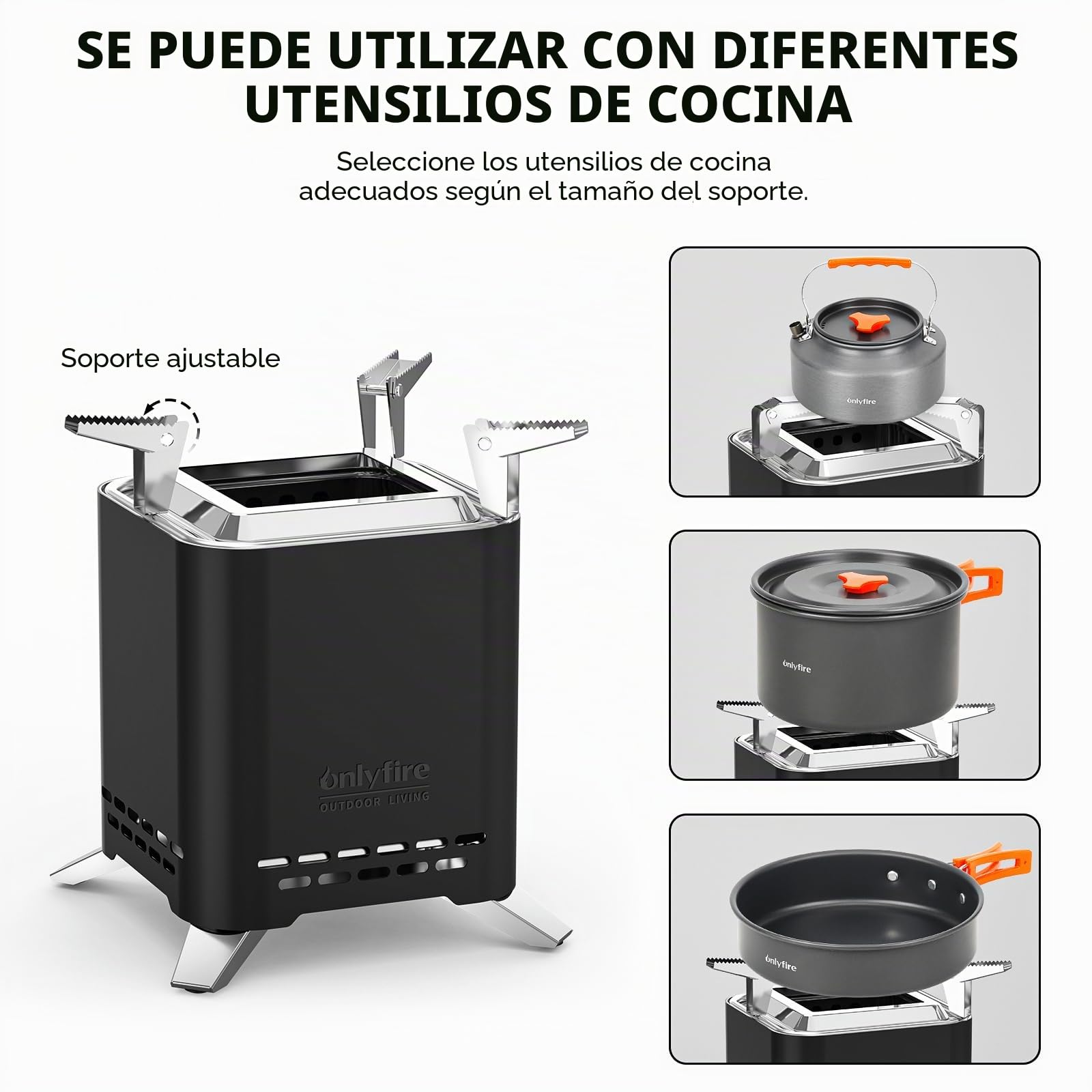 Onlyfire 16,5 cm Cuadrado Brasero sin Humos de Mesa, Mini Brasero Portátil con Soporte para Macetas y Bolsa de Transporte, para Acampar Al Aire Libre Tailgating Patio Trasero, Acero Inoxidable, Negro