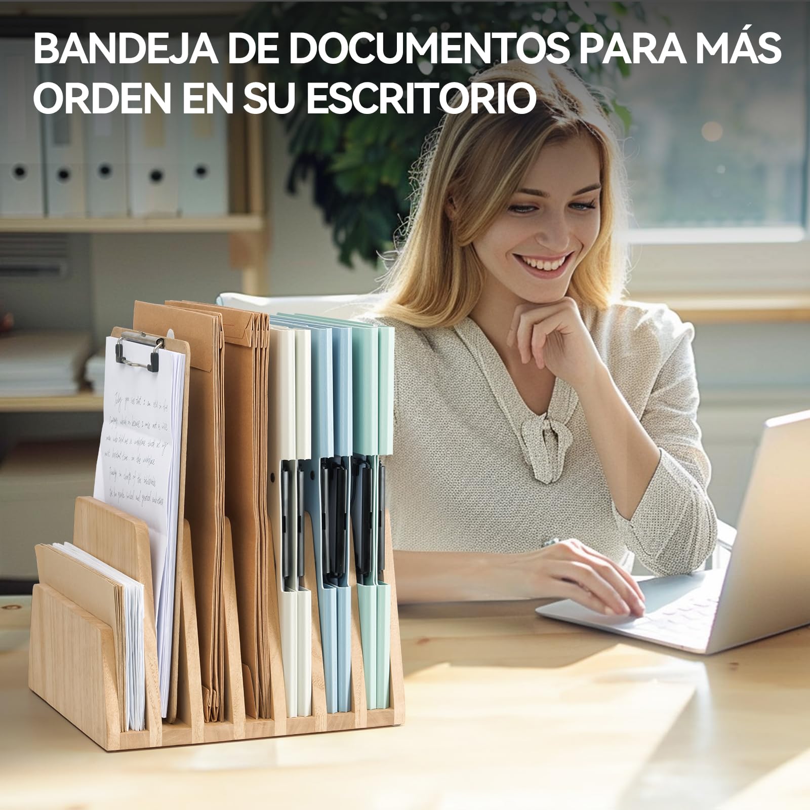 KIRIGEN Archivador Madera, Organizador Escritorio, 7 Ranuras, Natural | Madera maciza de paulownia, 26,3 x 25,2 x 18 cm; artesanal, acabado con aceite vegetal, montado y con bases antideslizantes