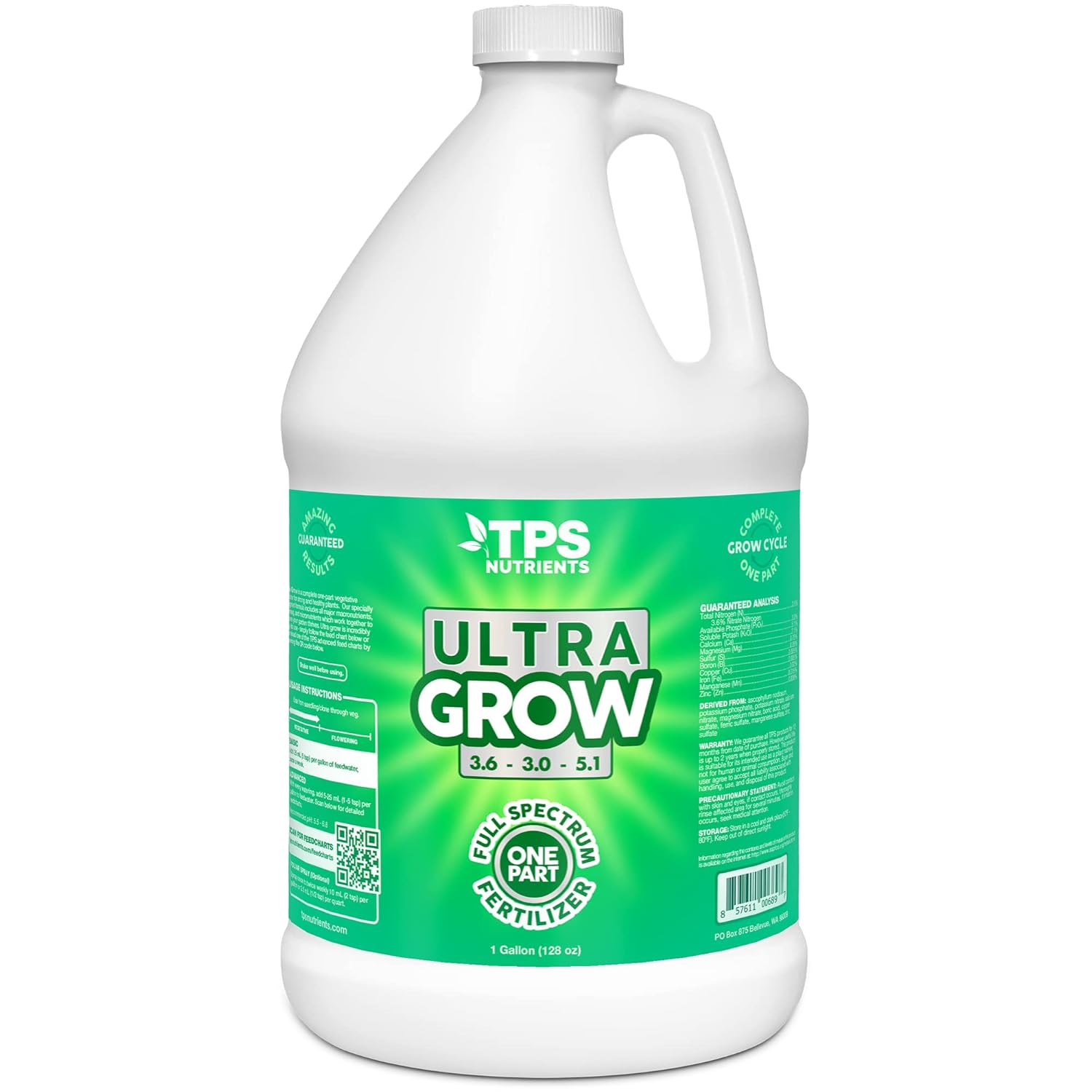 TPS NUTRIENTS Ultra Grow One Part Veg Plant Fertilizer with All NPK Cal-Mag and Micros, 1 Gallon (128 oz)