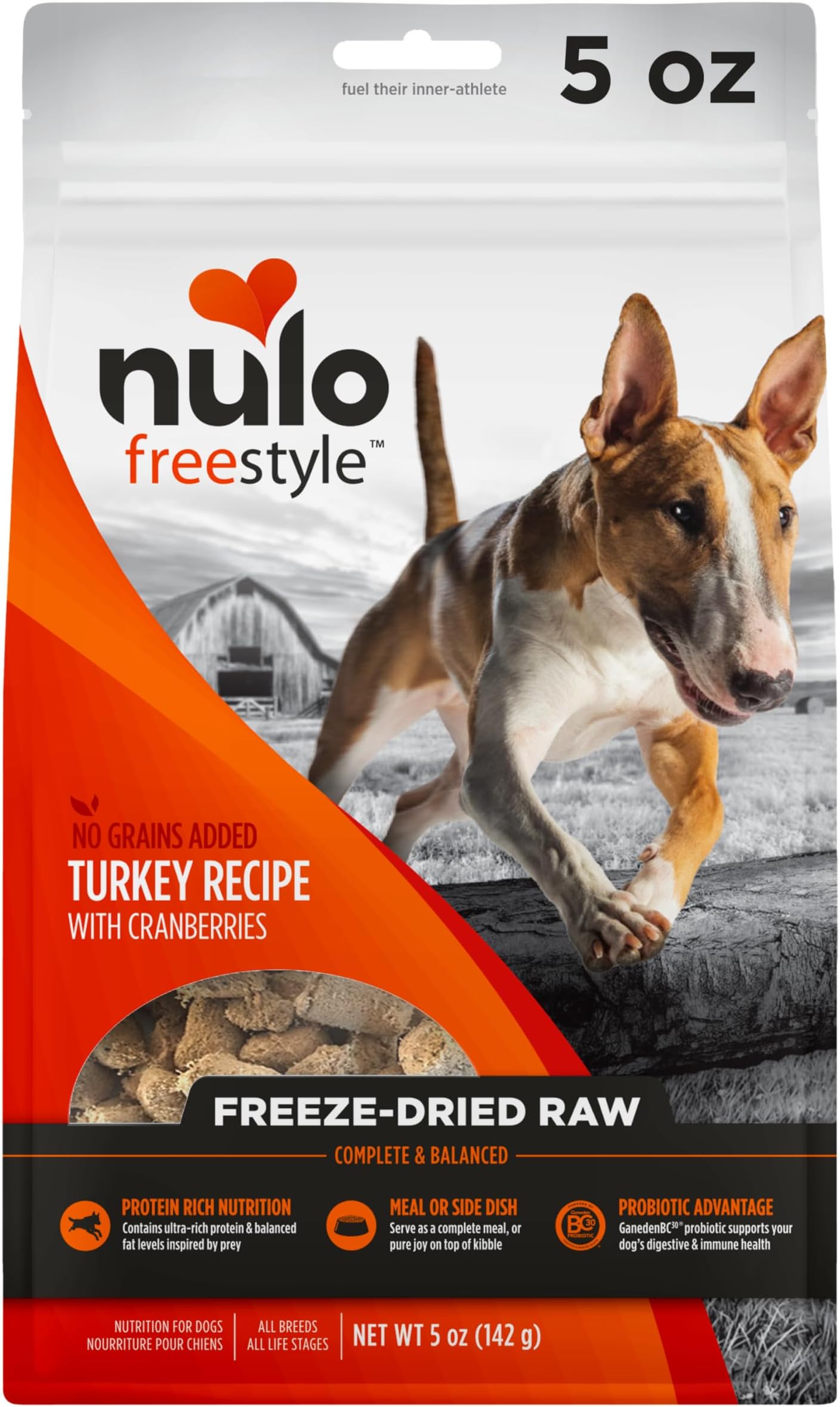 NuloFreeze Dried Raw Dog Food For All Ages & Breeds: Natural Grain Free Formula With Ganedenbc30 Probiotics For Digestive & Immune Health - Turkey Recipe With Cranberries - 5 Oz Bag