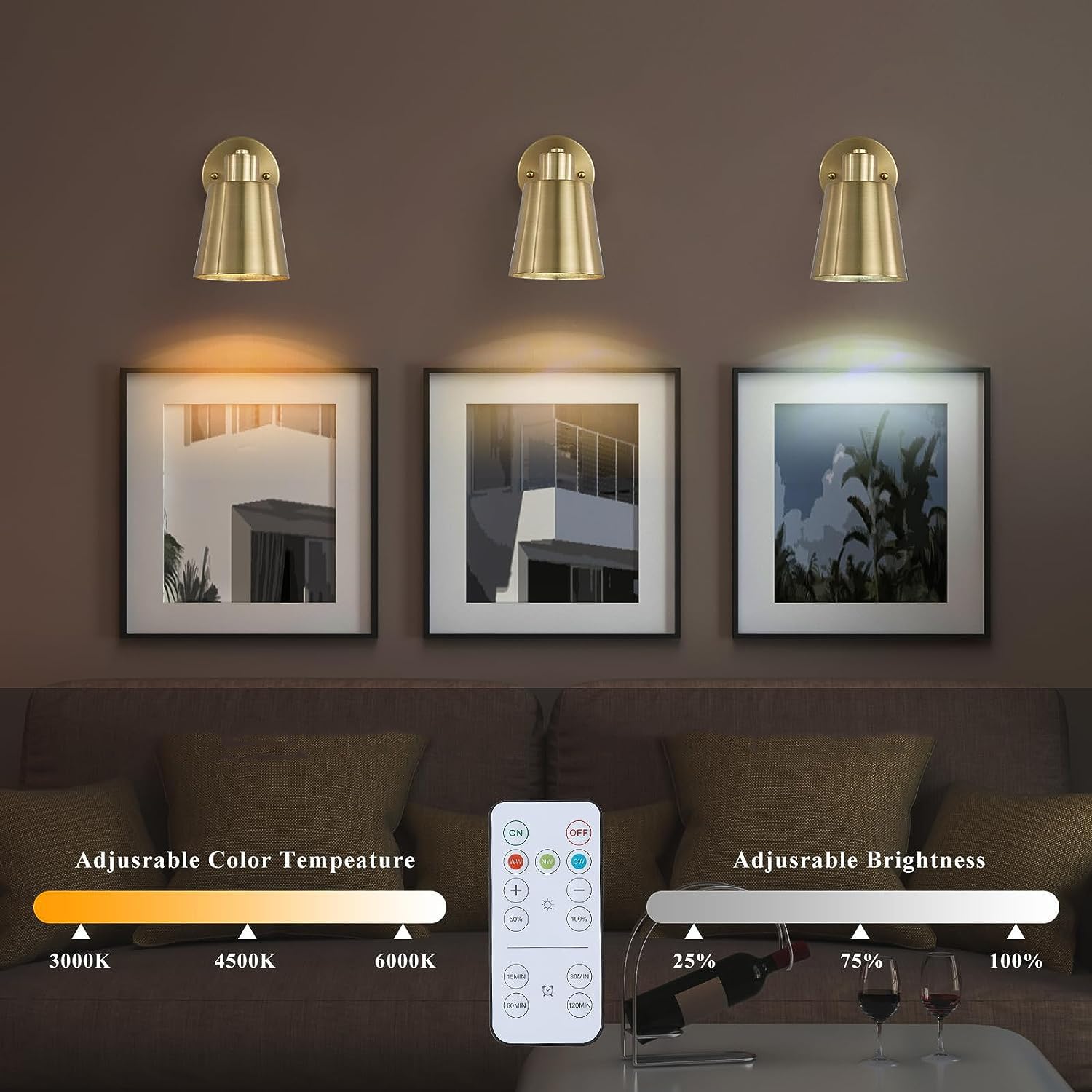 Applique da parete in stile Mid-Century Modern, set da 2, a batteria, senza fili, con telecomando, lampadina LED ricaricabile, lampada wireless per camera da letto, testiera del letto, soggiorno, ner