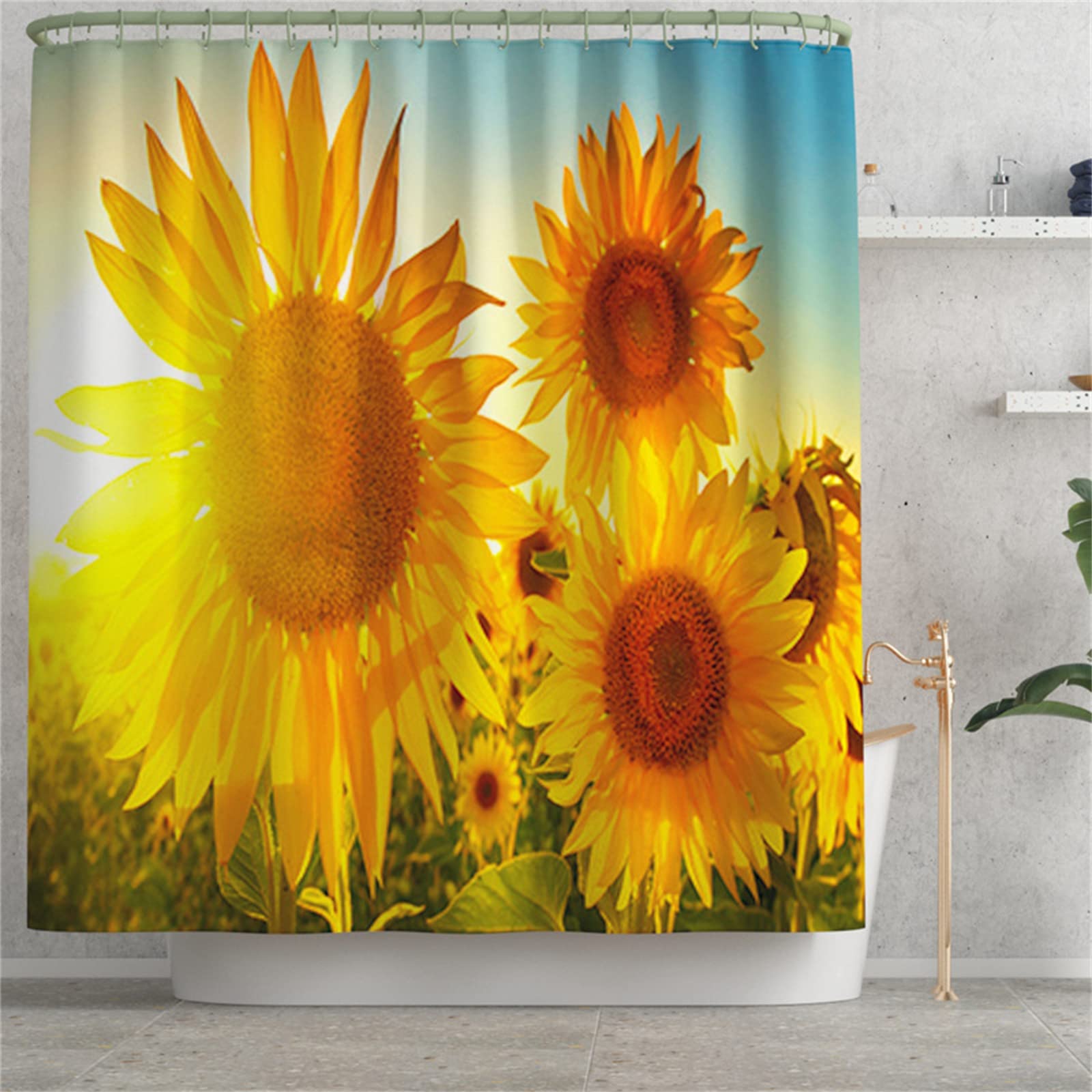 Set Bagno Girasole Cristiano - Tenda Doccia, Tappeti E Copriwater Con Versetti Biblici, Giallo, 4 Pezzi - 4